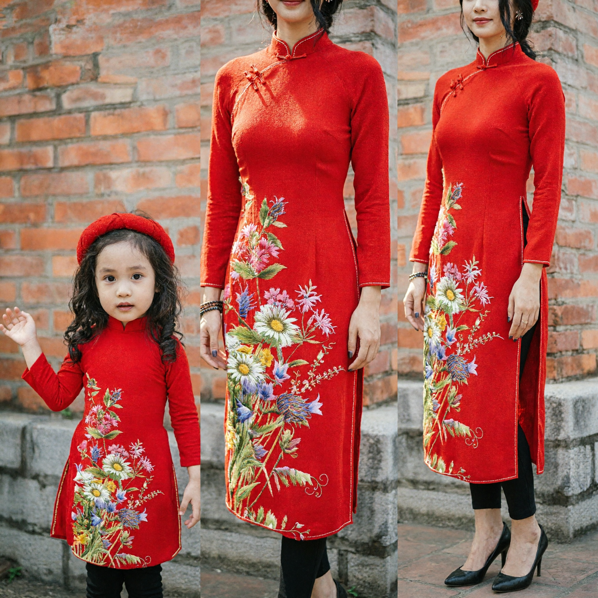Traditional Vietnamese Ao Dai Mother Daughter Matching Set Red Floral Print Long Dress for Tet Festival