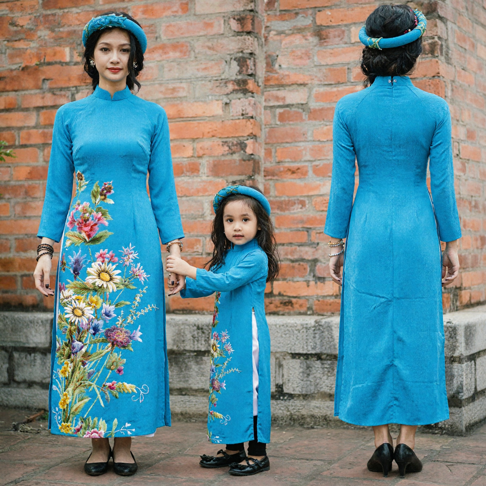 Elegant Blue Floral Vietnamese Ao Dai Mother Daughter Matching Traditional Dress for Wedding and Tet Holiday