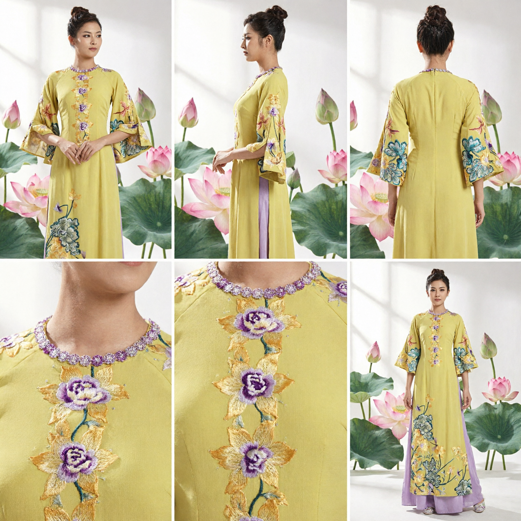 Elegant Yellow Chinese Traditional Long Dress with Lotus Embroidery for Women Tea Ceremony Performance