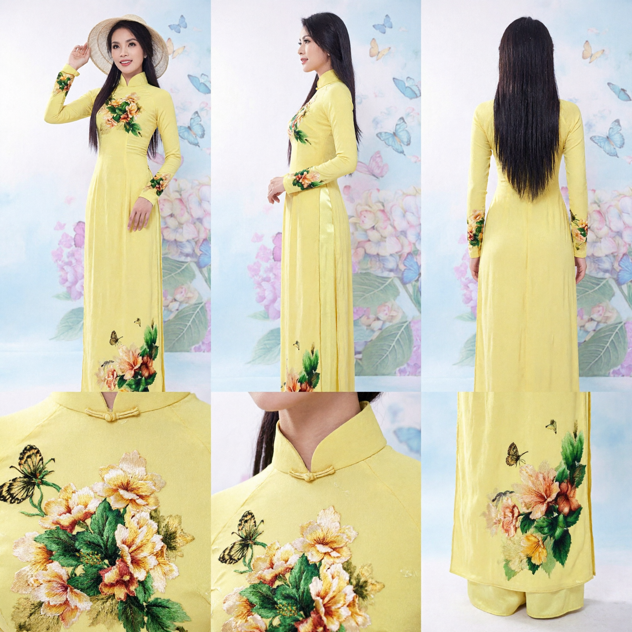Elegant Yellow Floral Print Vietnamese Ao Dai Long Dress Traditional Costume for Women Wedding Festival