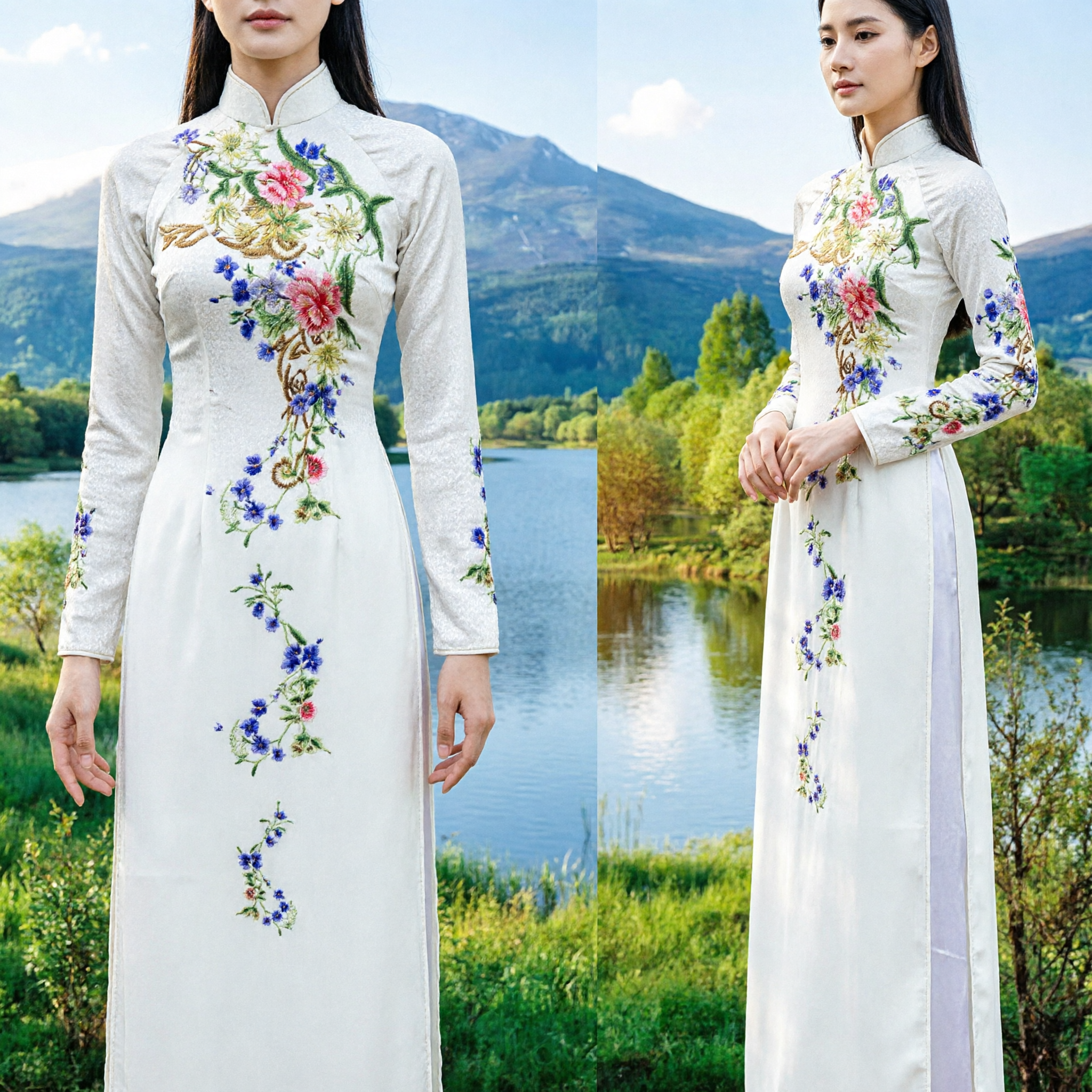 Elegant White Vietnamese Ao Dai Traditional Long Dress with Floral Embroidery for Women Wedding