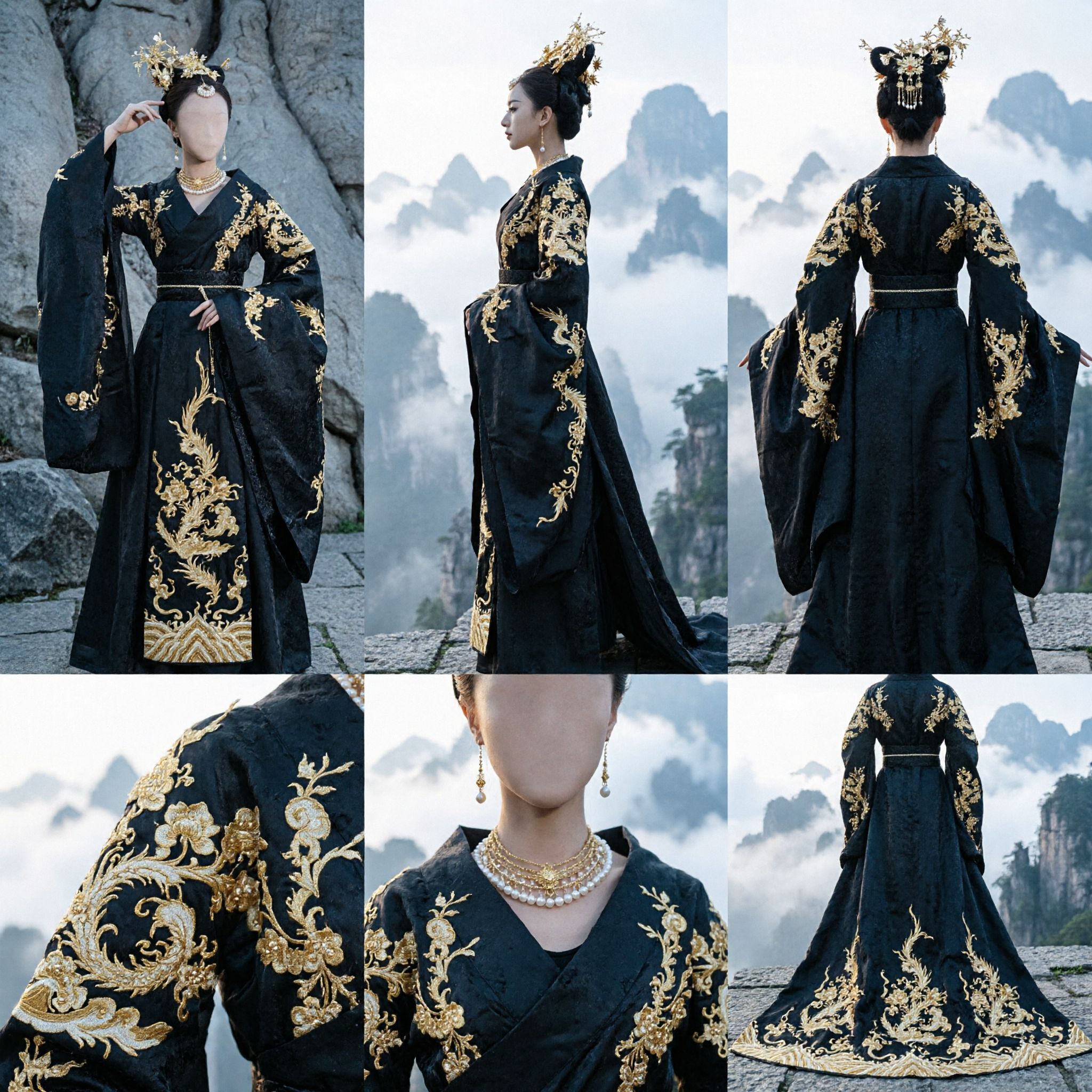 Ancient Chinese Black Hanfu Dress Women Historical Drama Princess Costume with Gold Embroidery