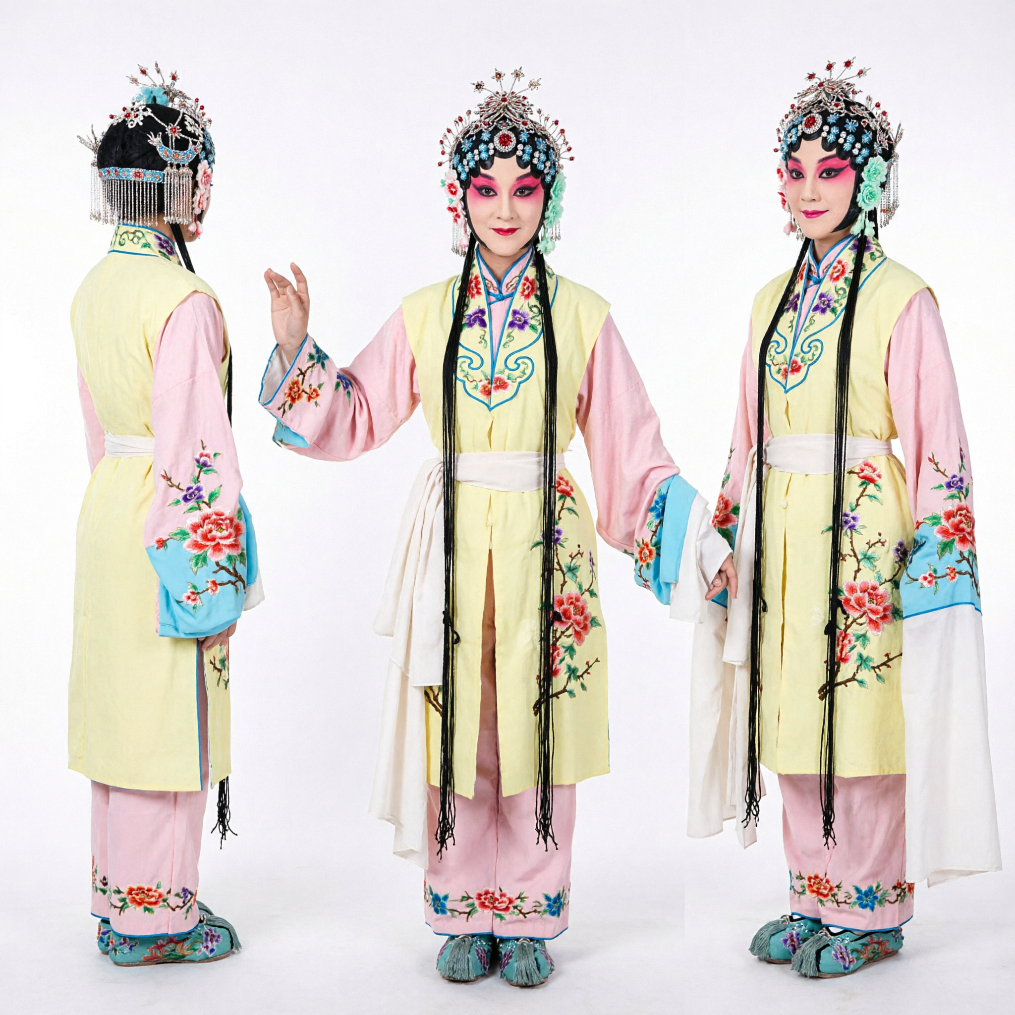 Traditional Chinese Opera Costume for Women Yellow Pink Floral Embroidery Hua Dan Stage Performance Dress
