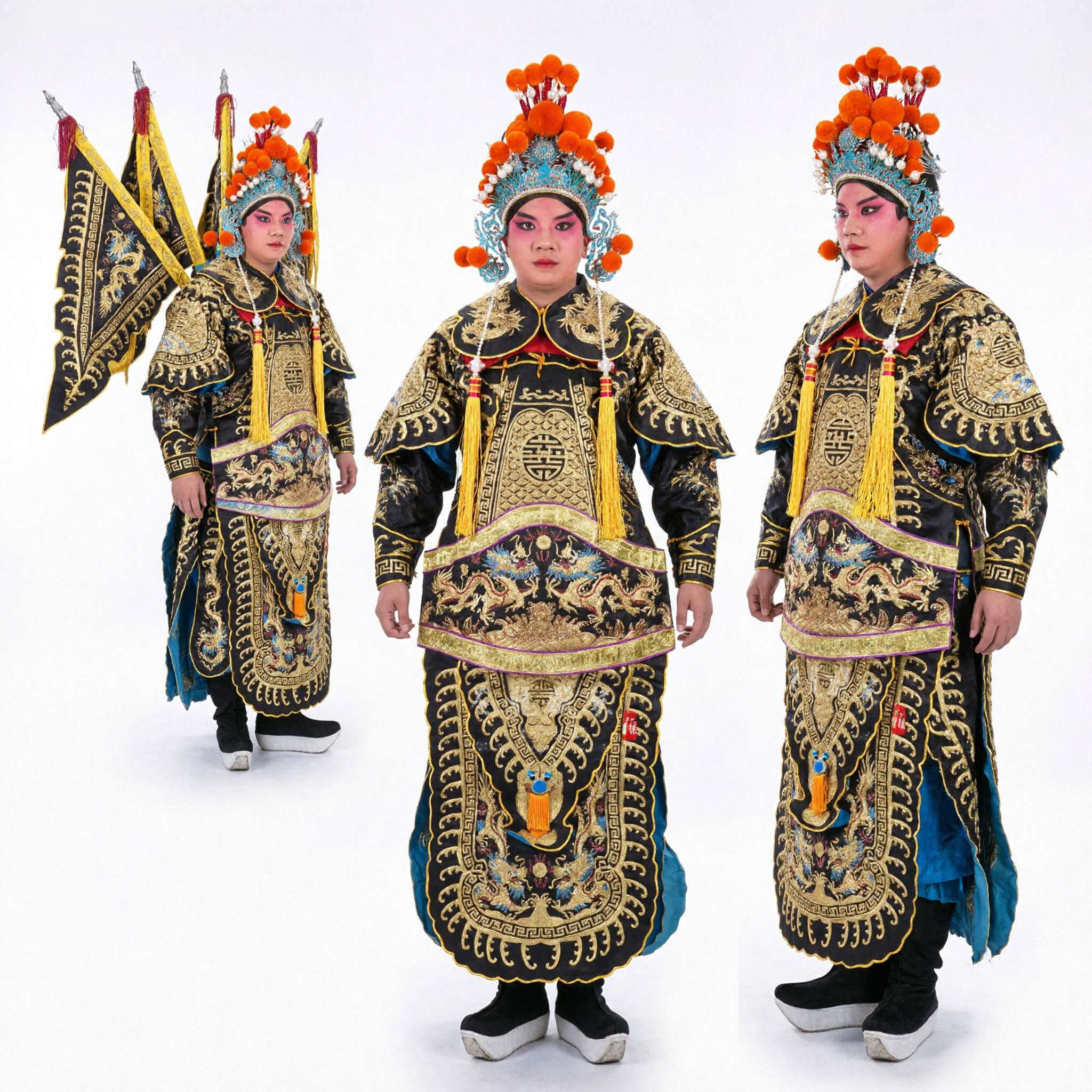 Traditional Chinese Peking Opera General Armor Costume Black Gold Dragon Embroidery with Flags for Adult Male Performer
