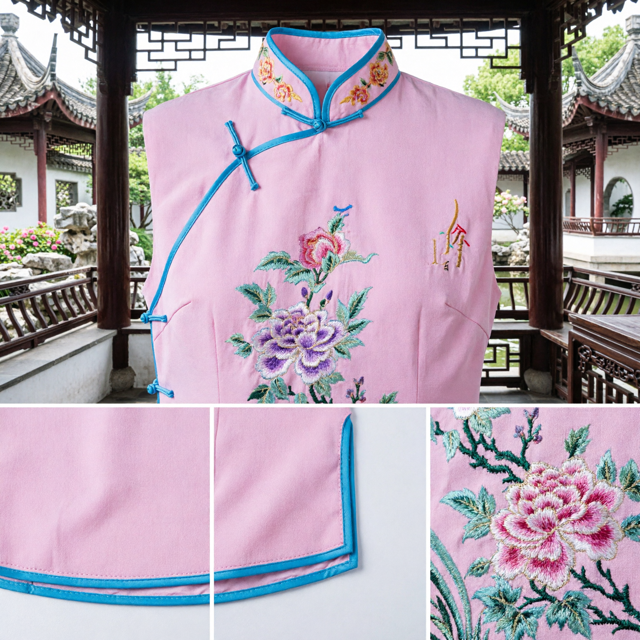 Traditional Chinese Pink Embroidered Sleeveless Tang Suit Vest Women's Mandarin Collar Waistcoat for Festivals