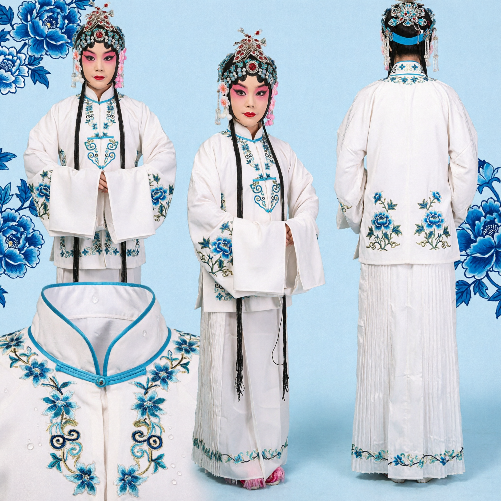 Traditional Chinese Peking Opera Dan Role Costume White Embroidered Robe and Headdress Set for Stage Performance