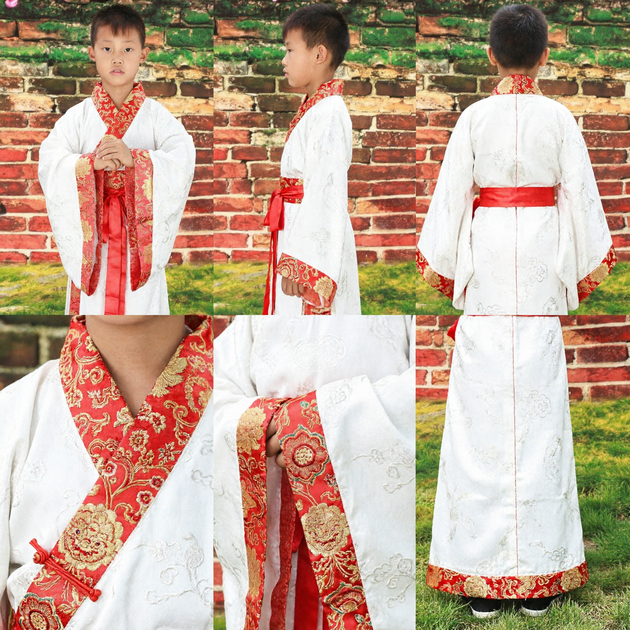 Traditional Chinese Hanfu Costume for Boys White Robe Red Sash Ancient Scholar Outfit for Performance