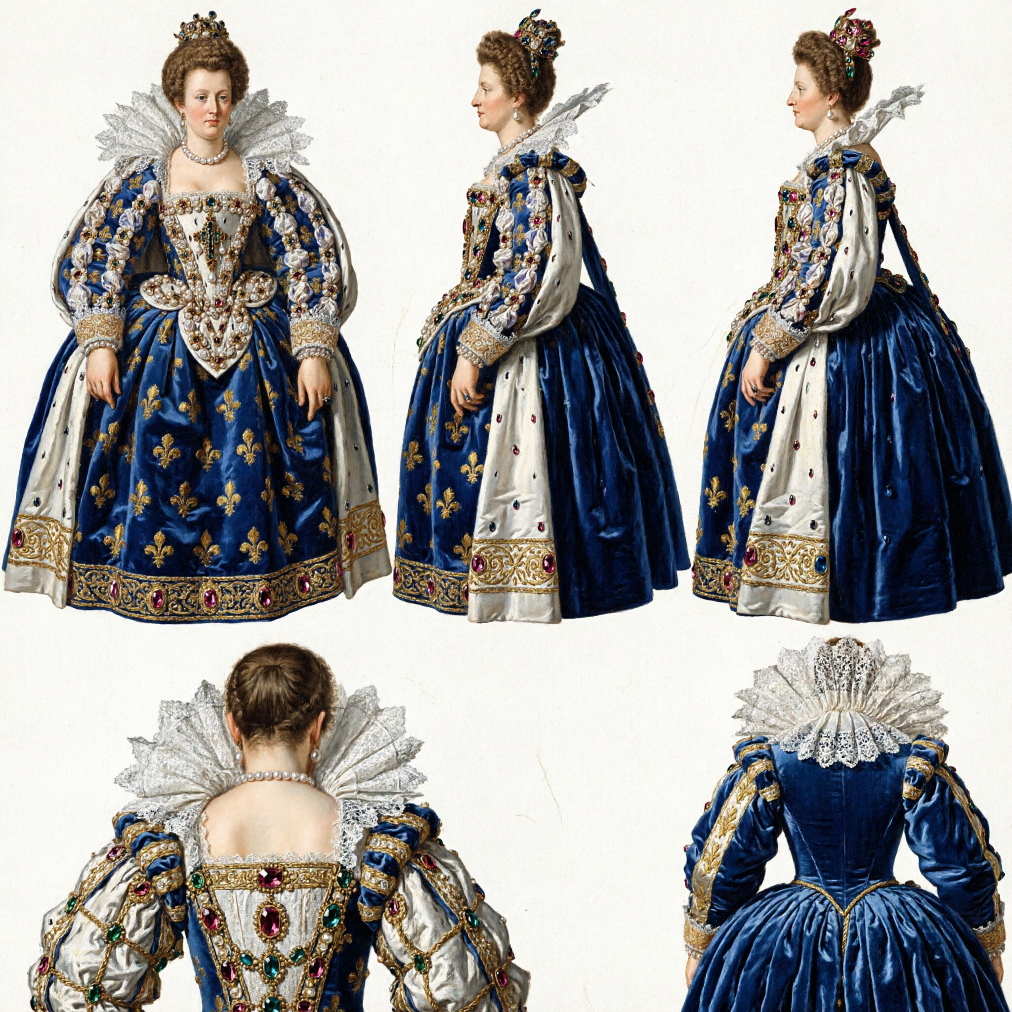 Women's Renaissance Queen Costume Blue Velvet Royal Gown with Gold Fleur-de-lis for Historical Cosplay
