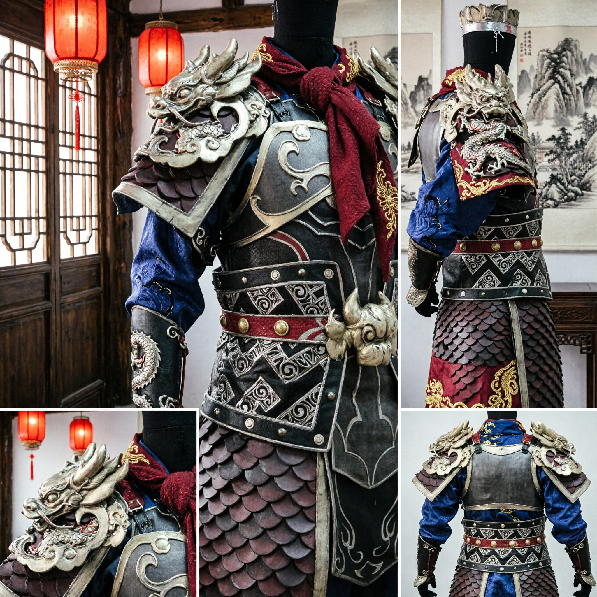 Ancient Chinese General Black Armor Costume for Men Cosplay LARP Wuxia Warrior Outfit with Dragon Details