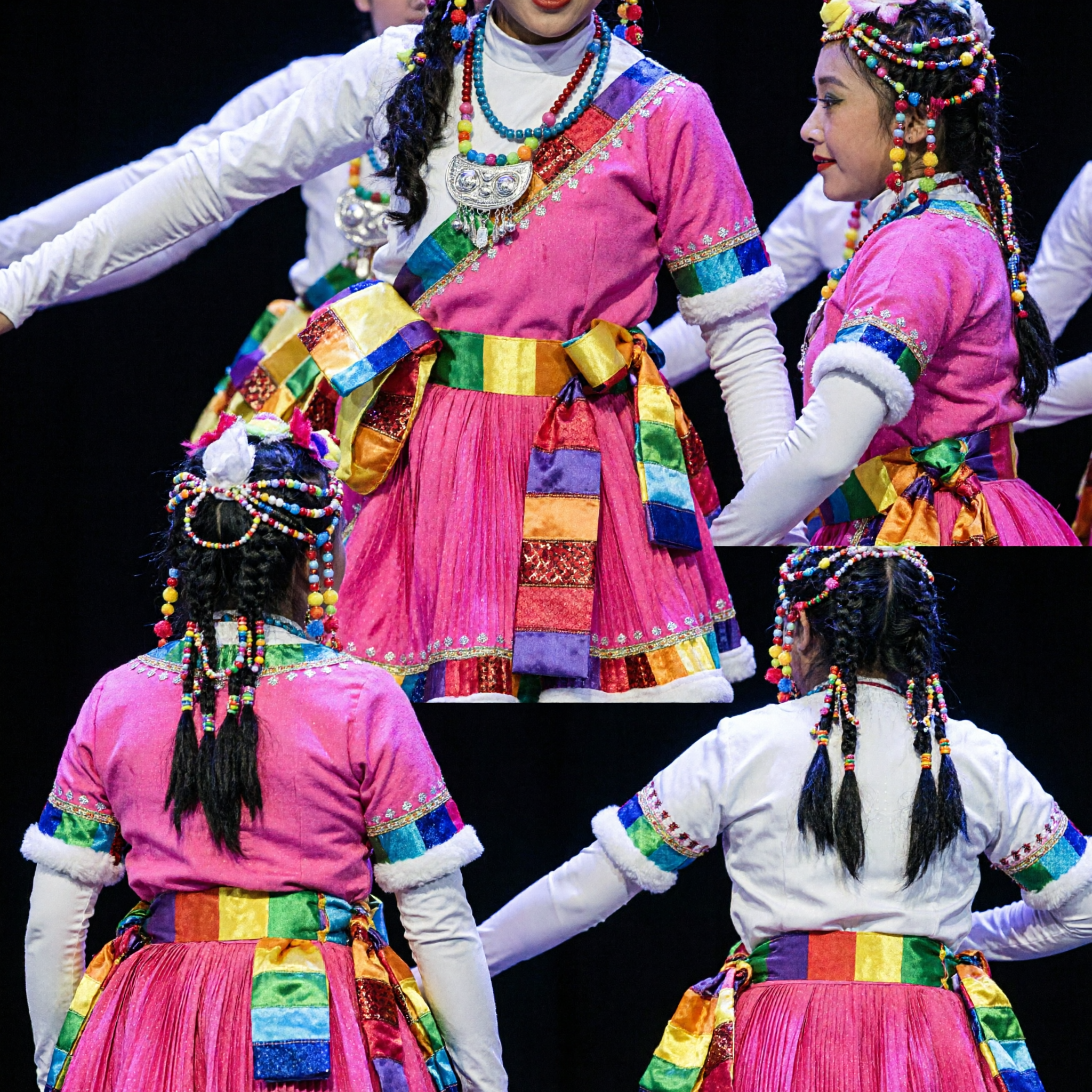 Girls Pink Tibetan Ethnic Dance Costume Traditional Chinese Folk Stage Performance Outfit for Kids