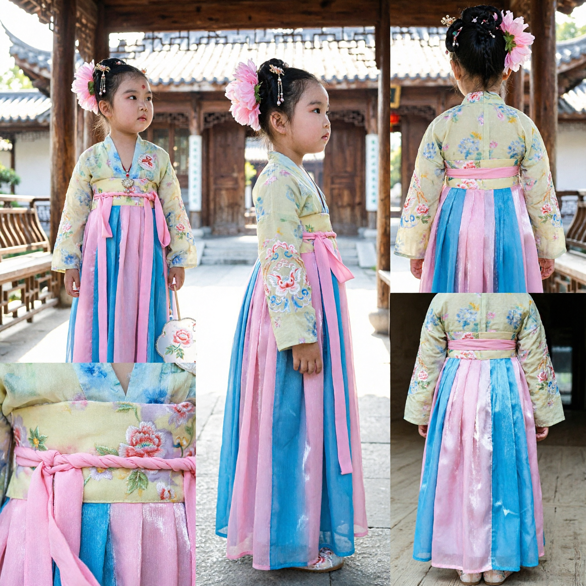 Traditional Korean Hanbok for Girls Kids Floral Jeogori and Pink Blue Chima Dress for Special Occasions