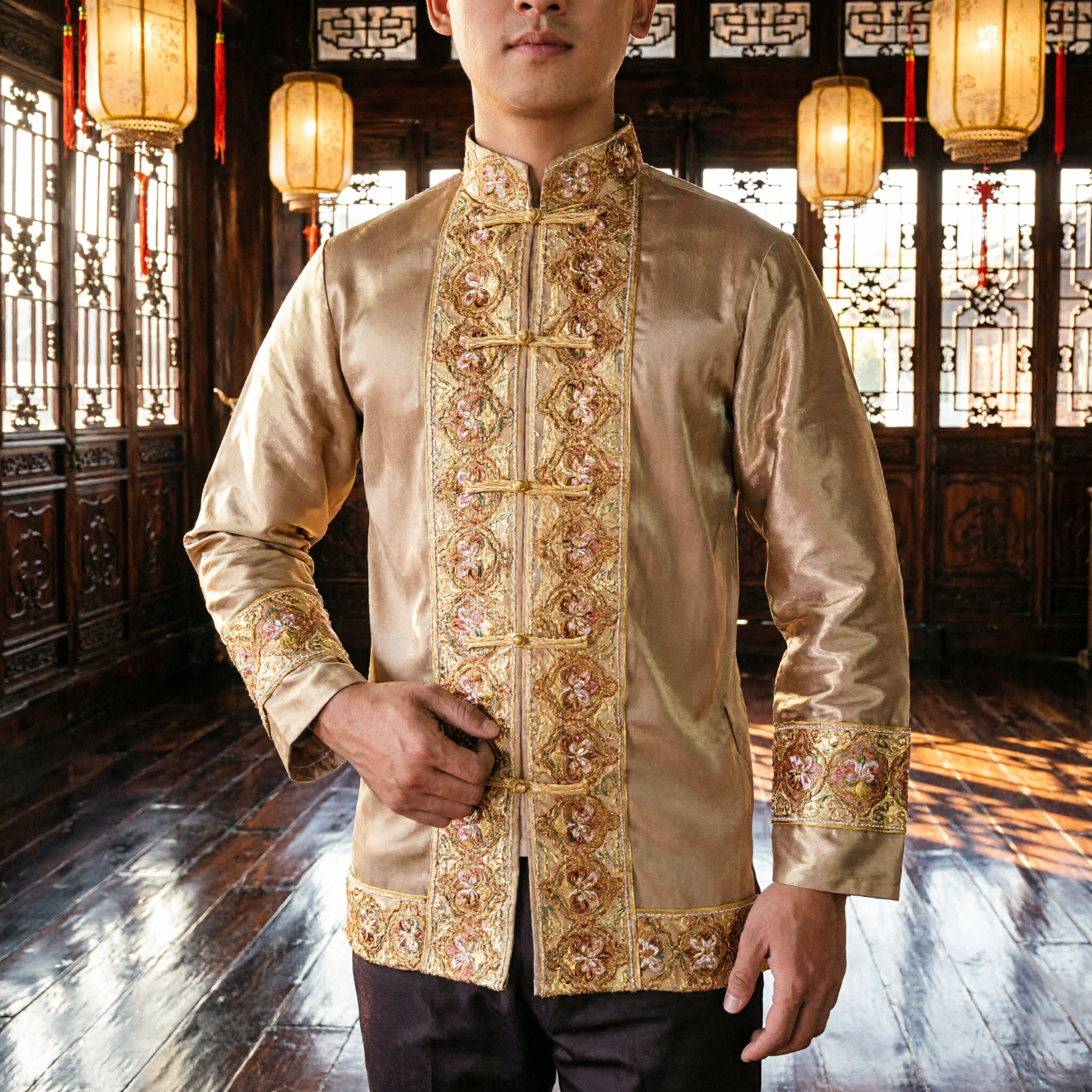 Men's Traditional Chinese Silk Tang Suit Gold Embroidered Kung Fu Tai Chi Performance Costume Top