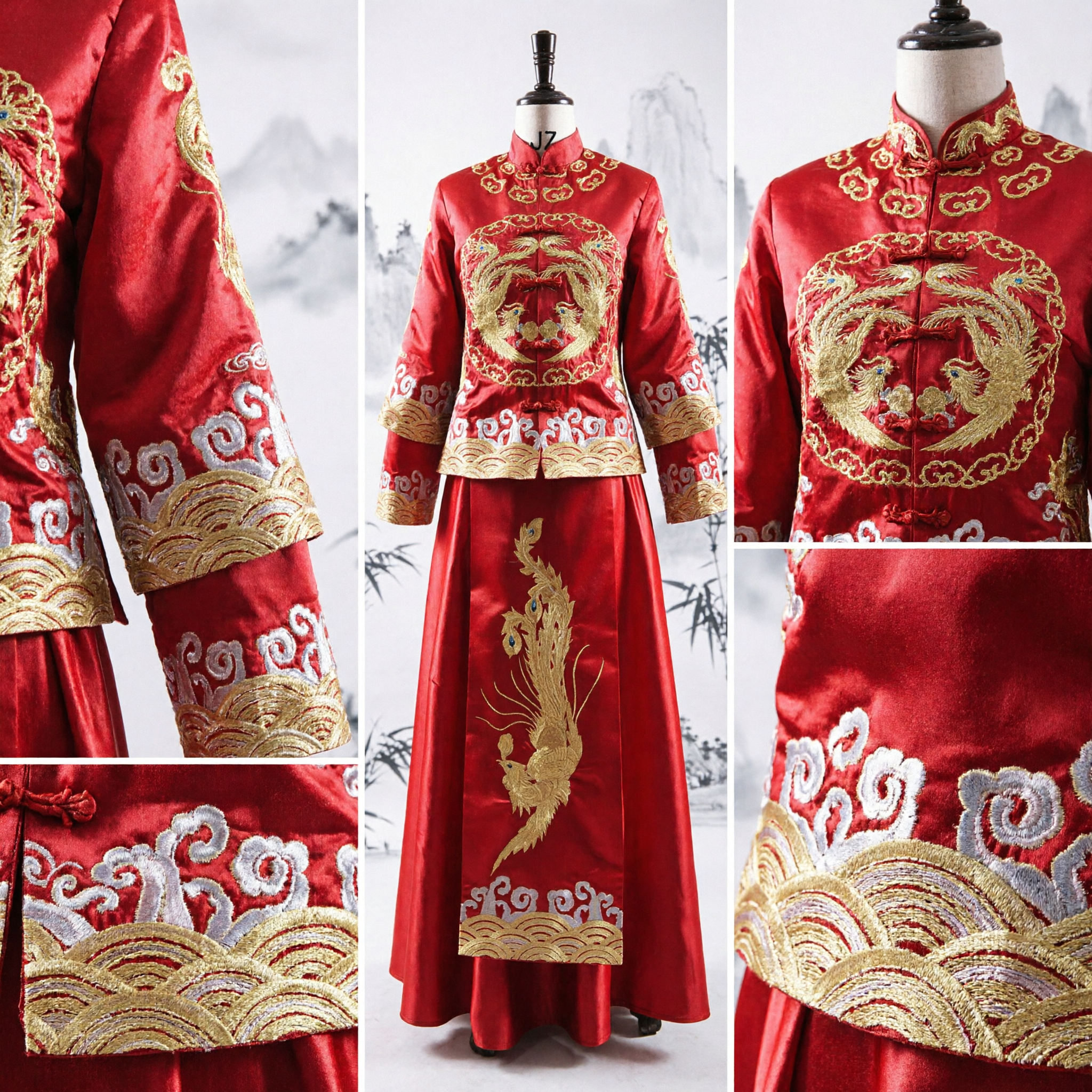 Traditional Chinese Xiuhefu Wedding Dress for Women Red Gold Embroidered Phoenix Dragon Gown Set