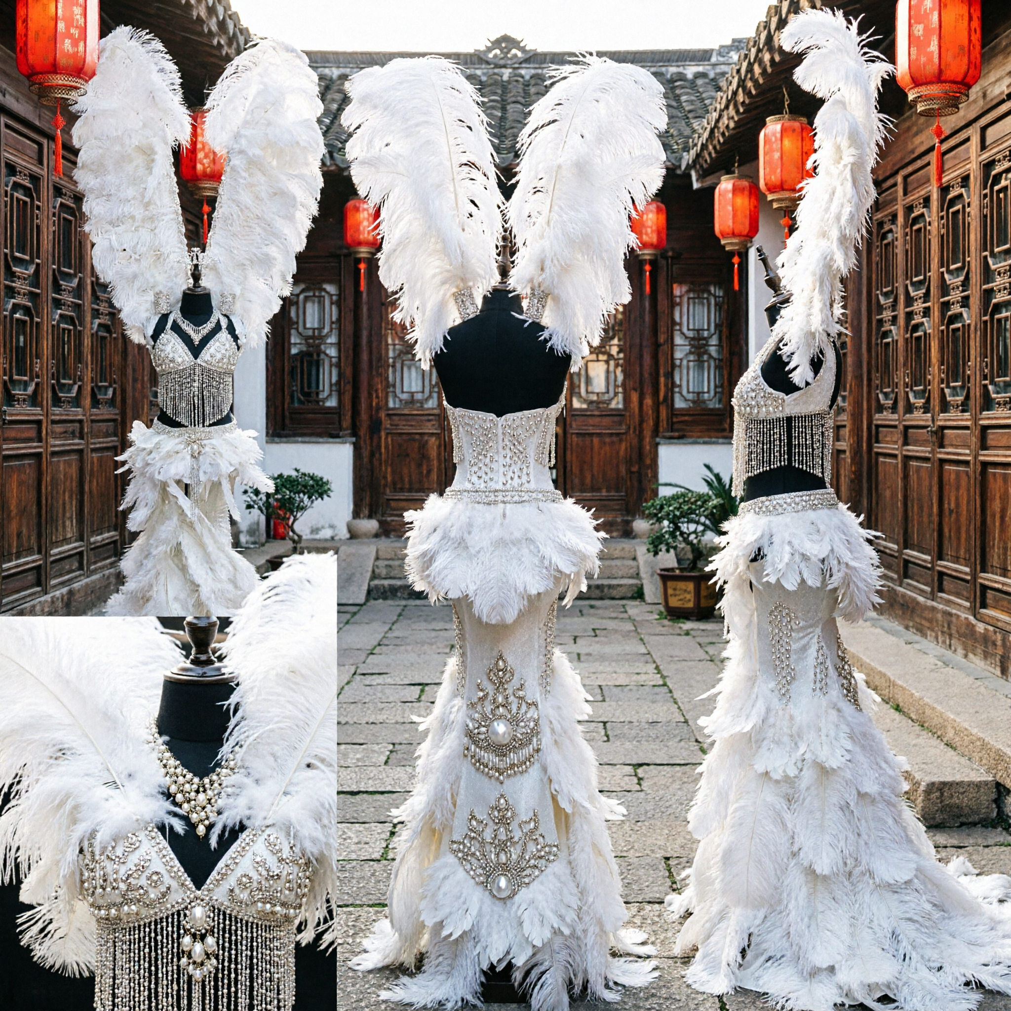 Professional White Feather Showgirl Costume with Giant Wings and Beaded Bodysuit for Carnival Dance