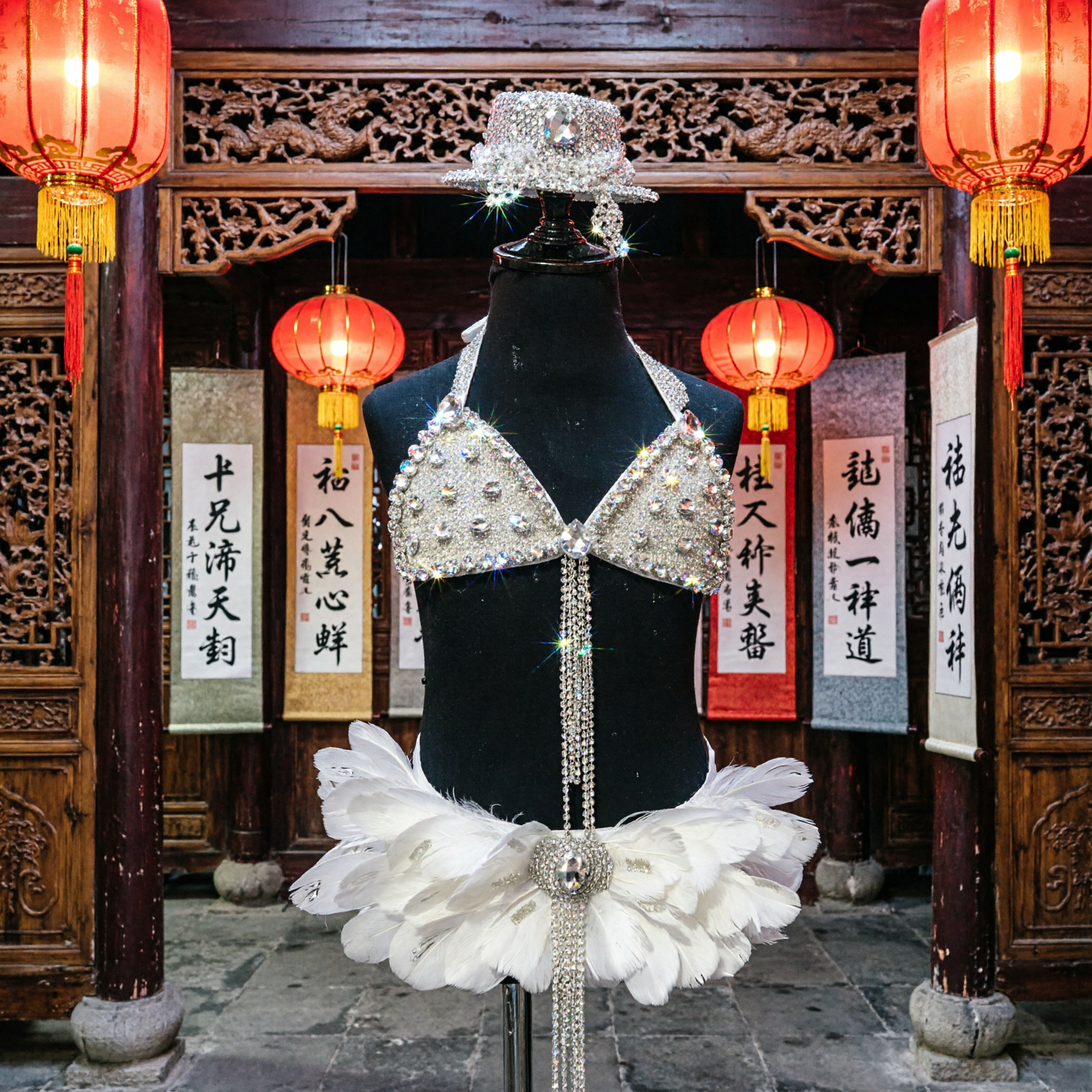 Women's Silver Rhinestone Halter Top and White Feather Skirt Burlesque Showgirl Costume Set with Hat