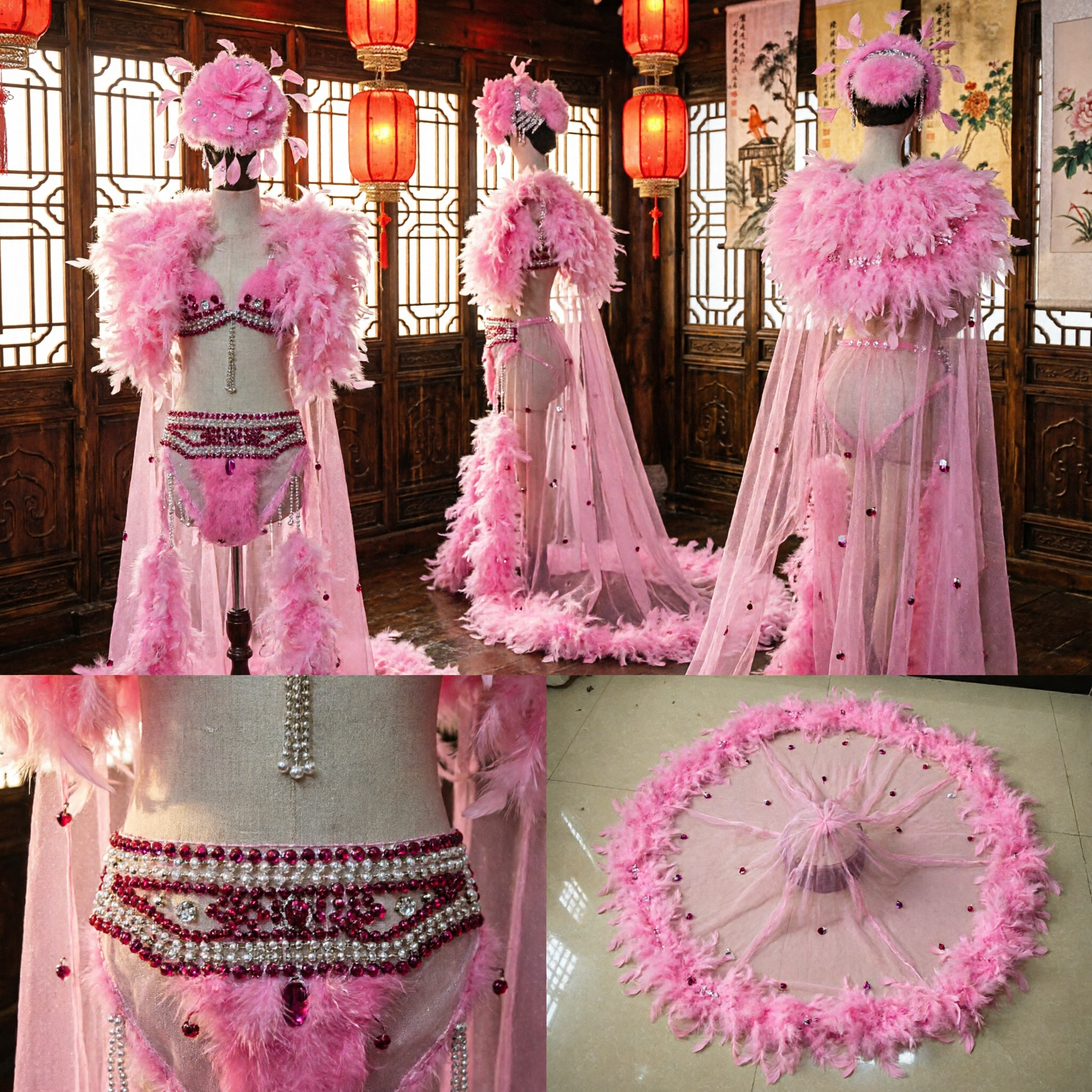 Women's Pink Feather Rhinestone Bikini Costume Samba Carnival Burlesque Showgirl Dance Performance Outfit Set