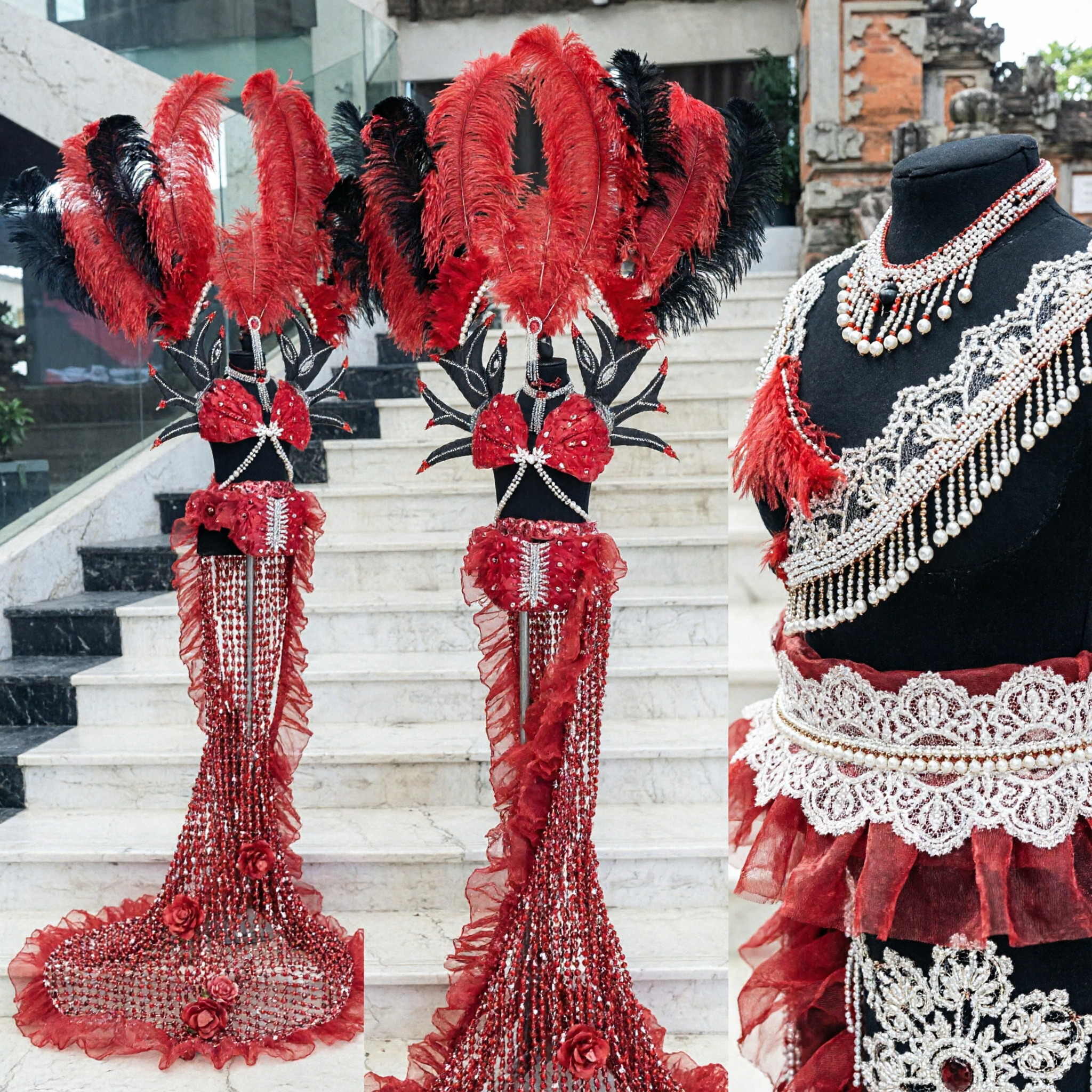 Stunning Red and Black Brazilian Samba Carnival Costume with Giant Feather Headdress and Sequined Train for Women