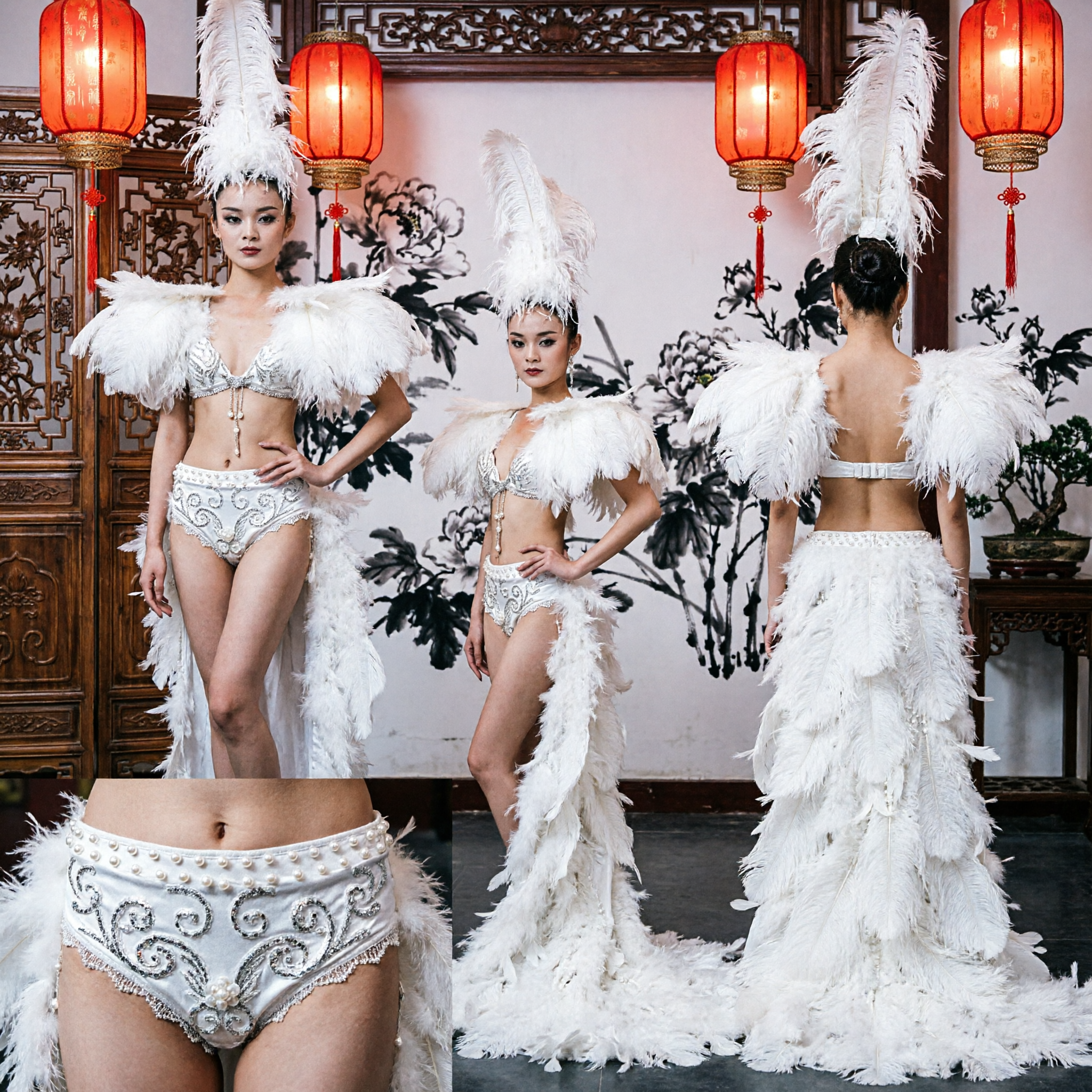Women's White Feather Showgirl Costume with Headdress and Long Train for Stage Performance and Pageant
