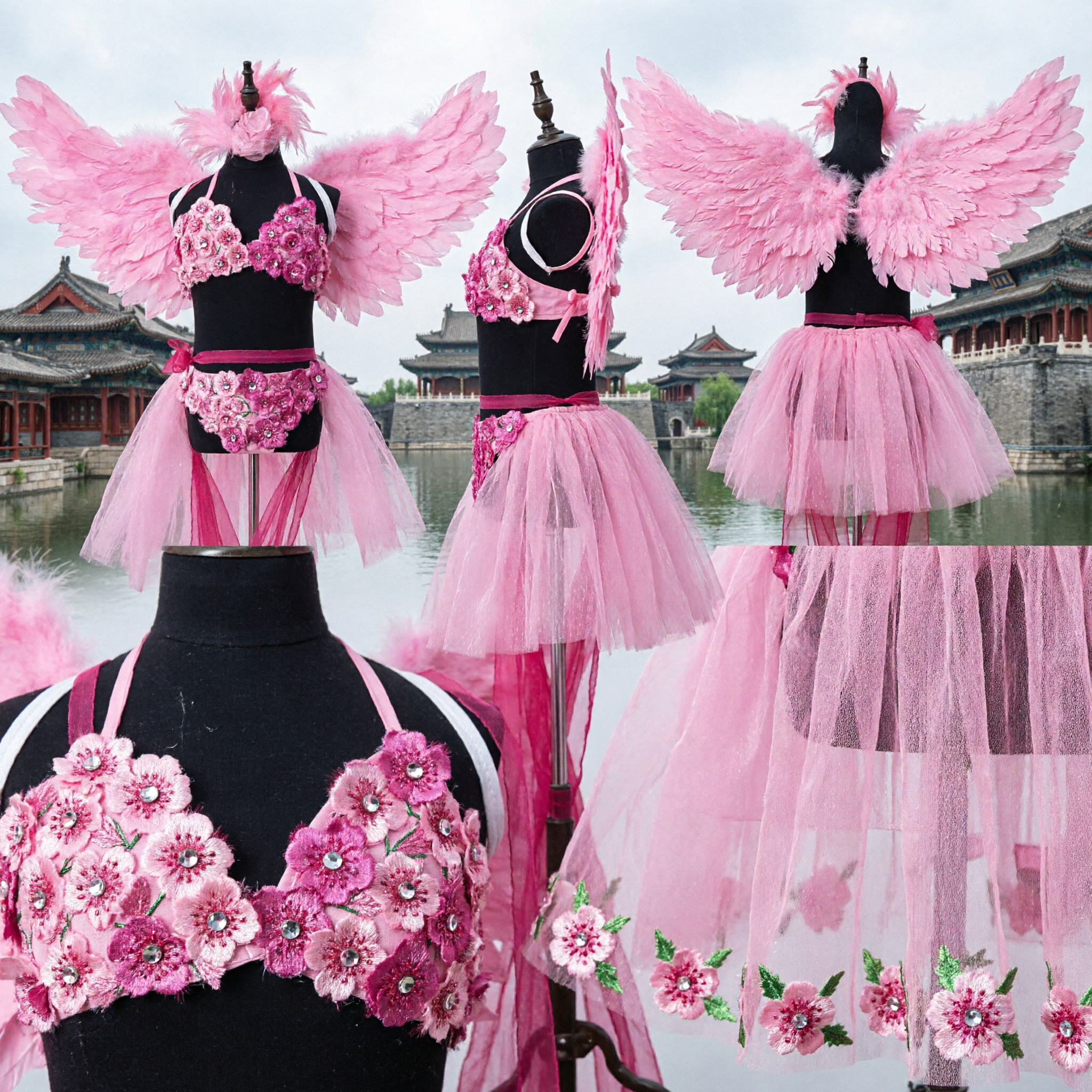 Pink Feather Winged Stage Costume with Long Tulle Train and Headdress for Women Carnival Dance