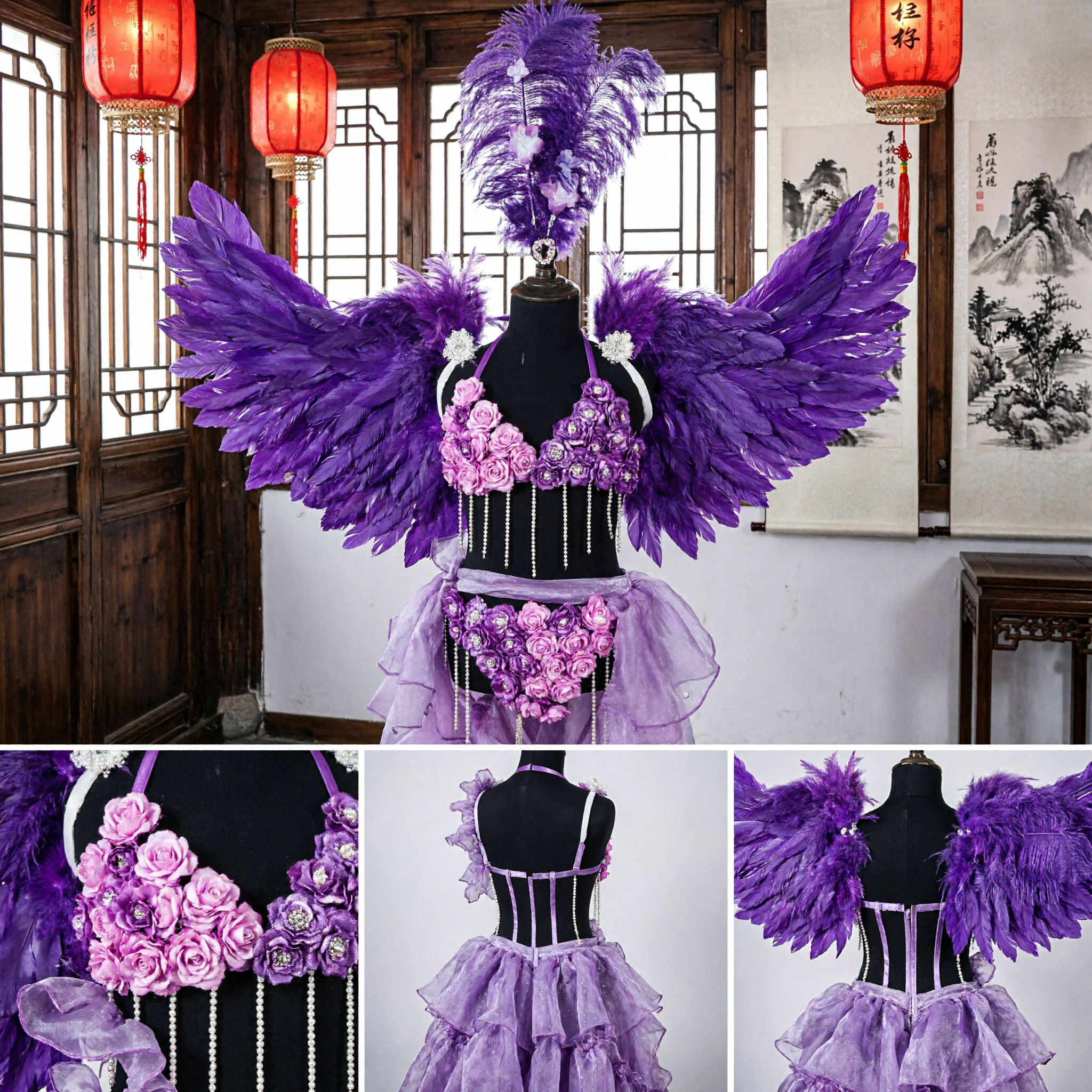 Purple Brazilian Samba Carnival Costume with Large Feather Wings and Headdress for Stage Dance Performance
