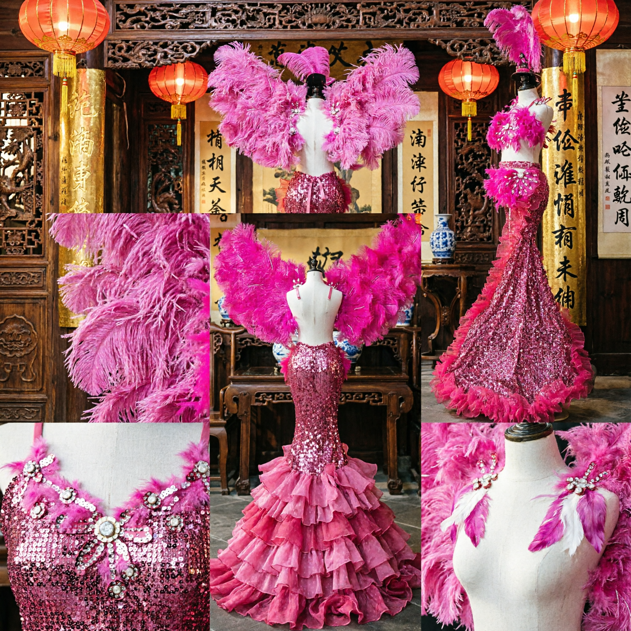 Professional Hot Pink Feather Showgirl Carnival Costume with Wings Headdress and Sequin Skirt for Stage Dance Performance