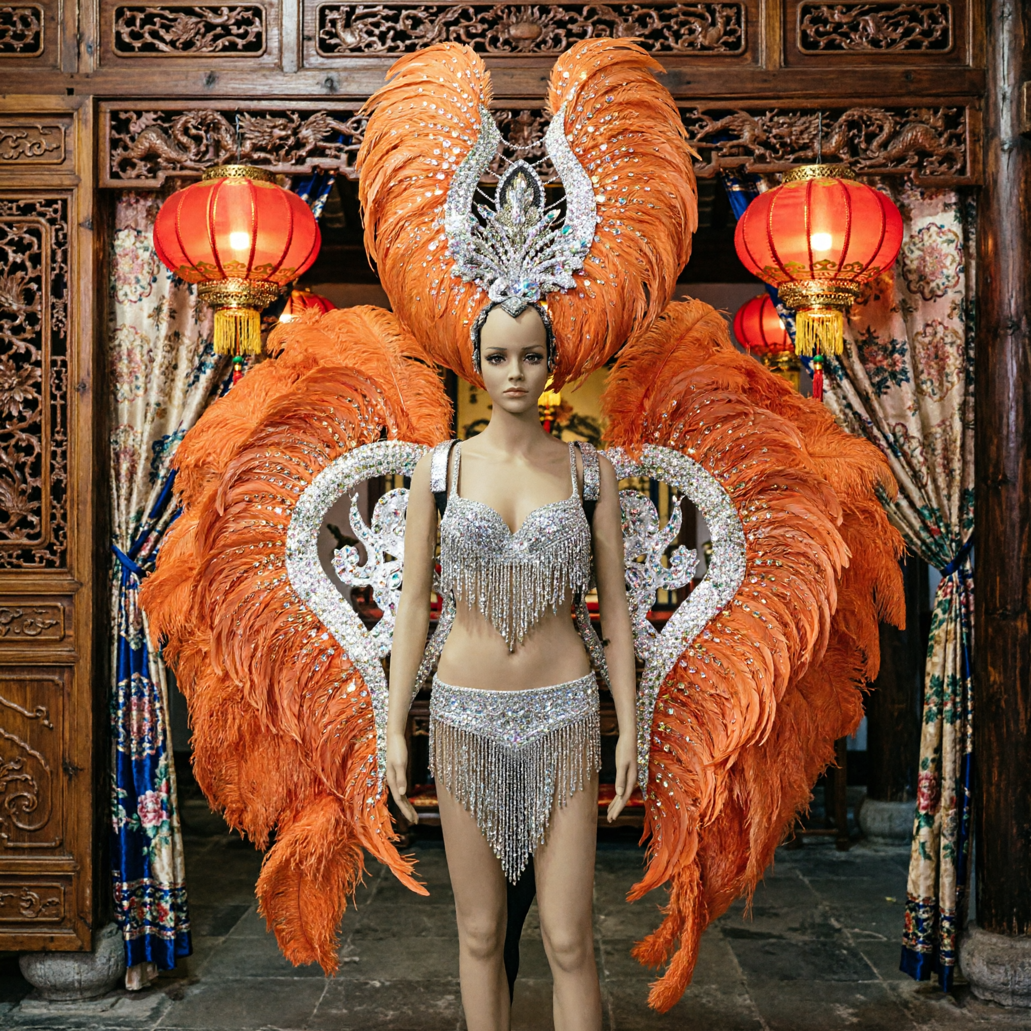 Orange Feather Brazilian Rio Carnival Samba Dance Costume with Silver Sequin Bodysuit and Large Back Wings