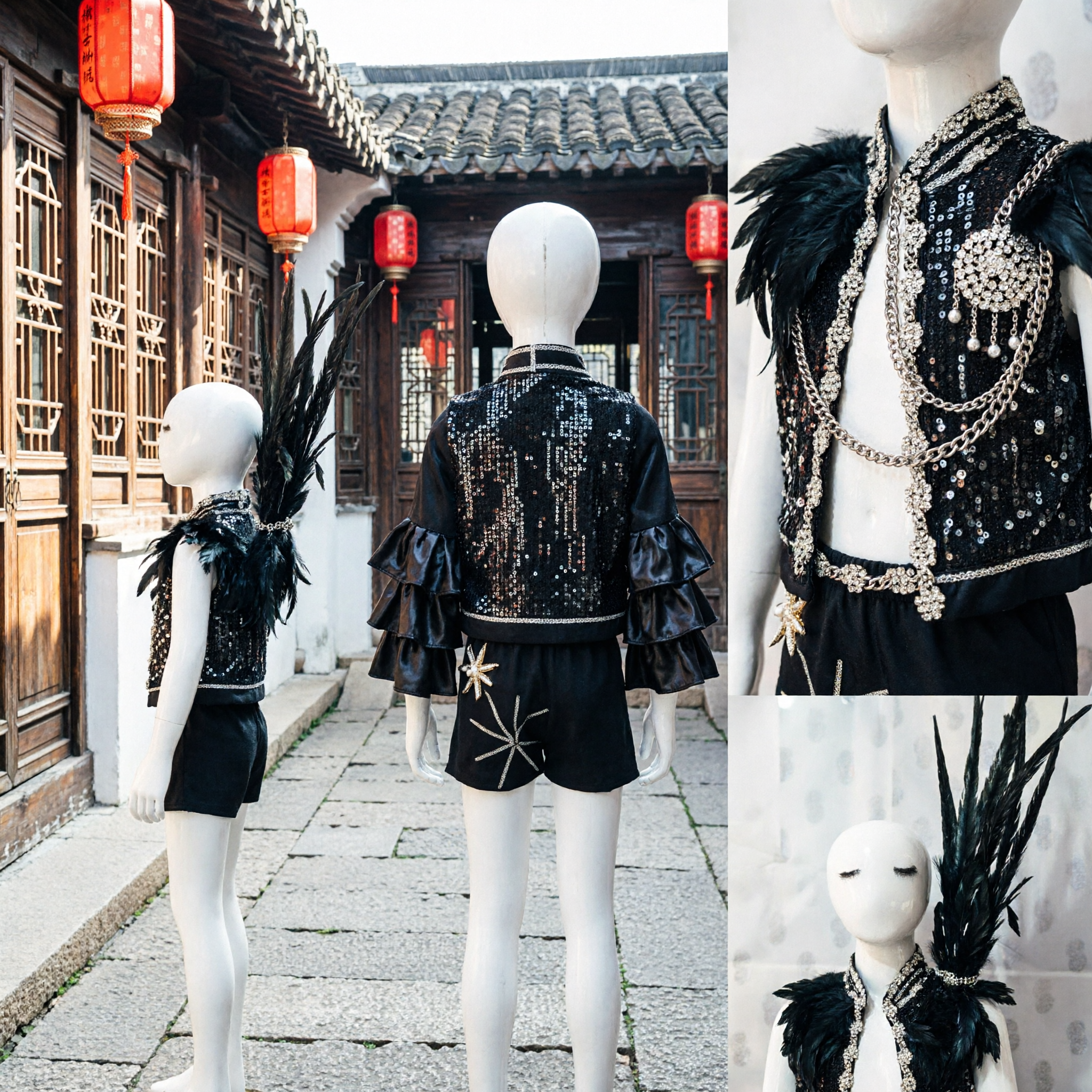 Men's Black Feather Vest and Shorts Stage Performance Costume with Headdress for Jazz Dance