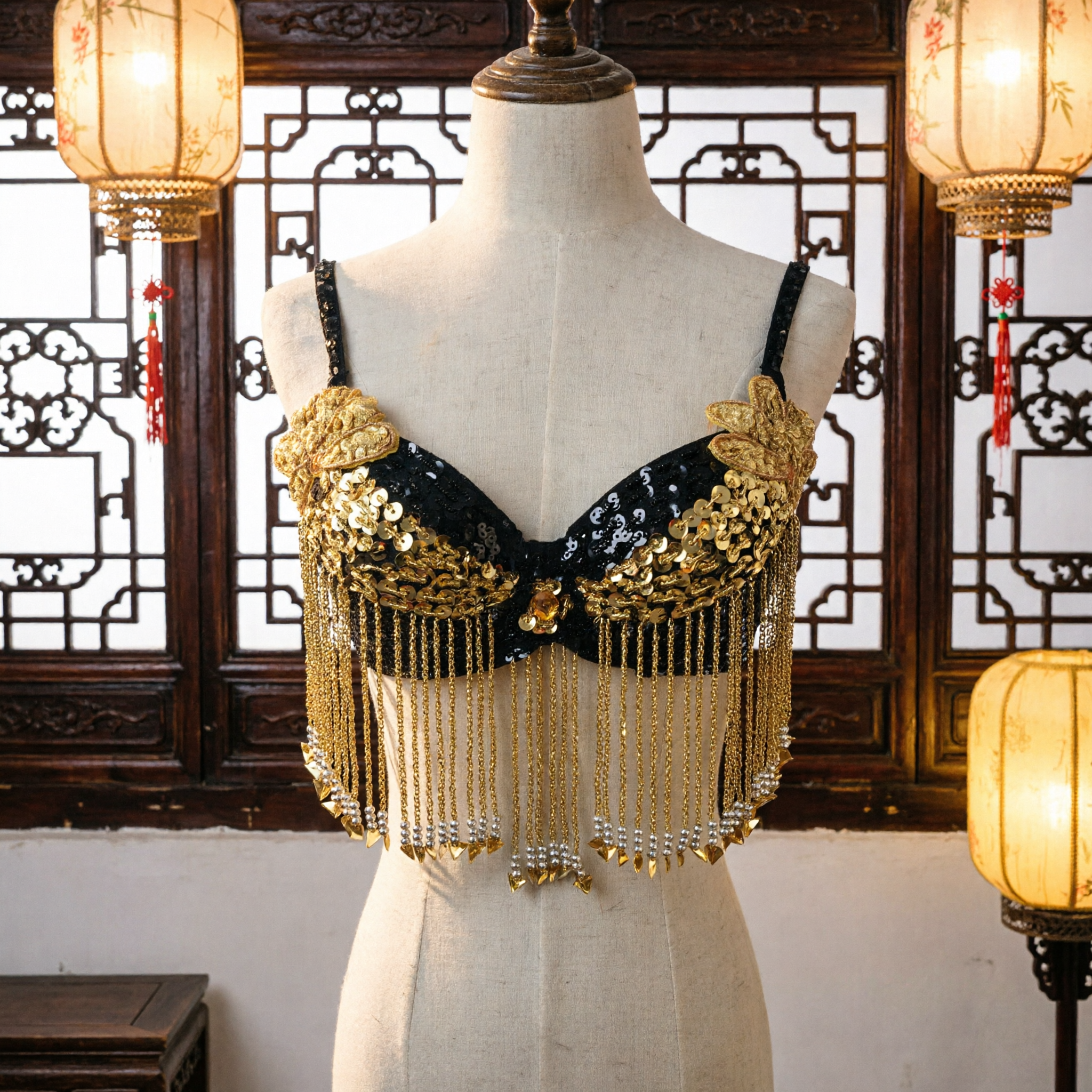 Women's Black and Gold Sequin Belly Dance Bra Top with Long Fringe for Stage Performance