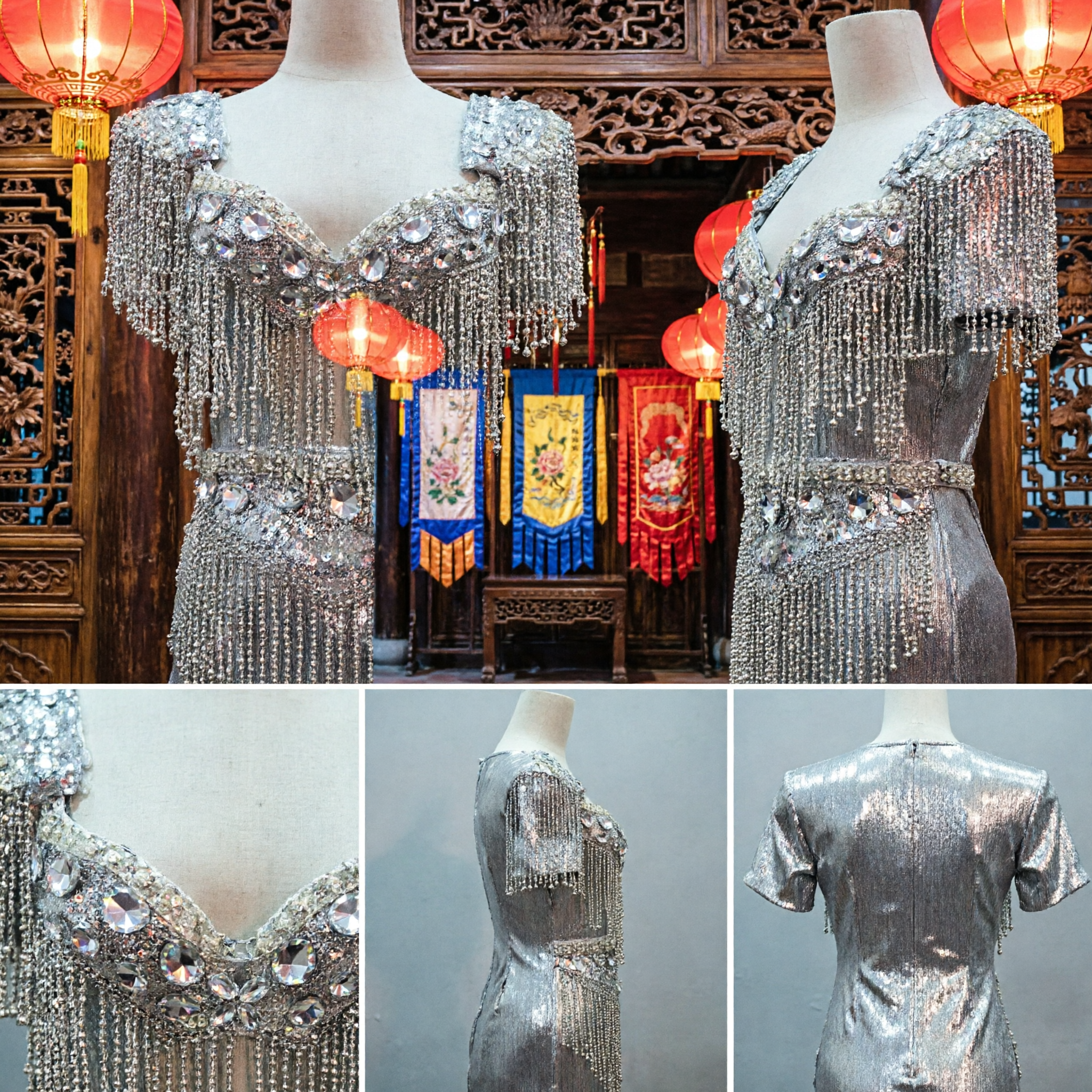 Women's Silver Beaded Fringe Dance Costume Two-Piece Set for Traditional Folk Stage Performance