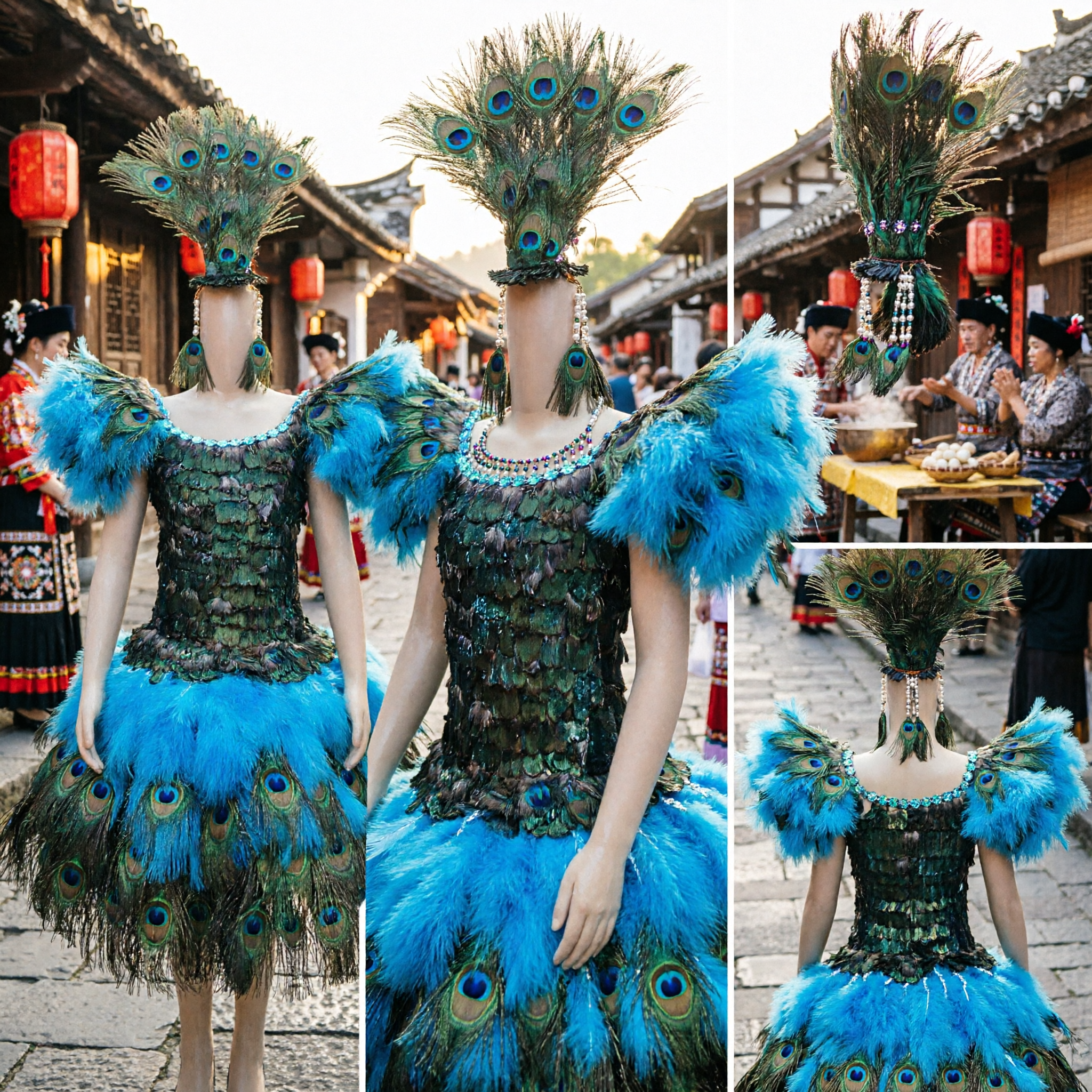 Women's Peacock Feather Dance Costume Traditional Chinese Stage Performance Folk Dress with Headpiece