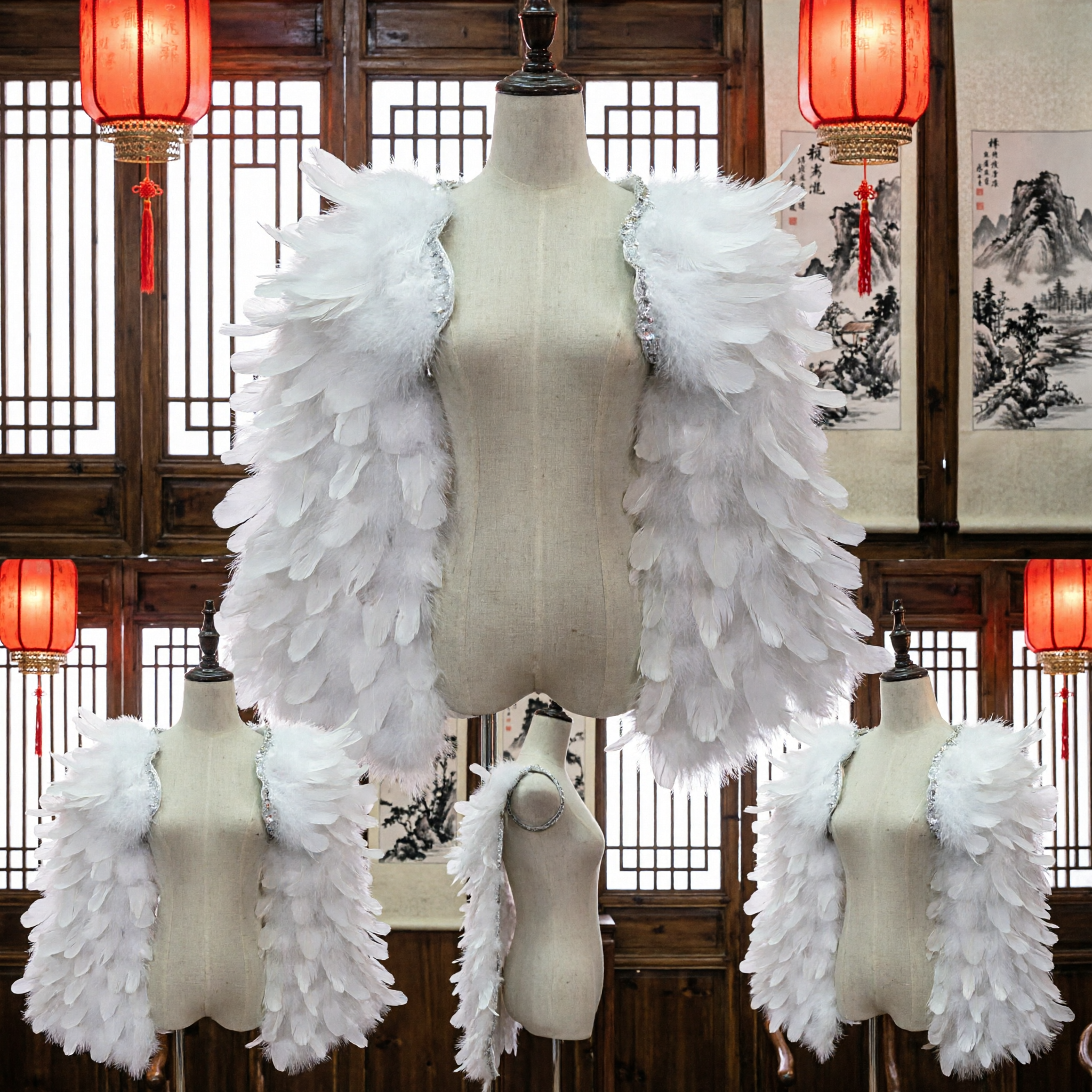 Elegant White Feather Angel Wings Bolero Shrug for Women Stage Performance Halloween Carnival Costume