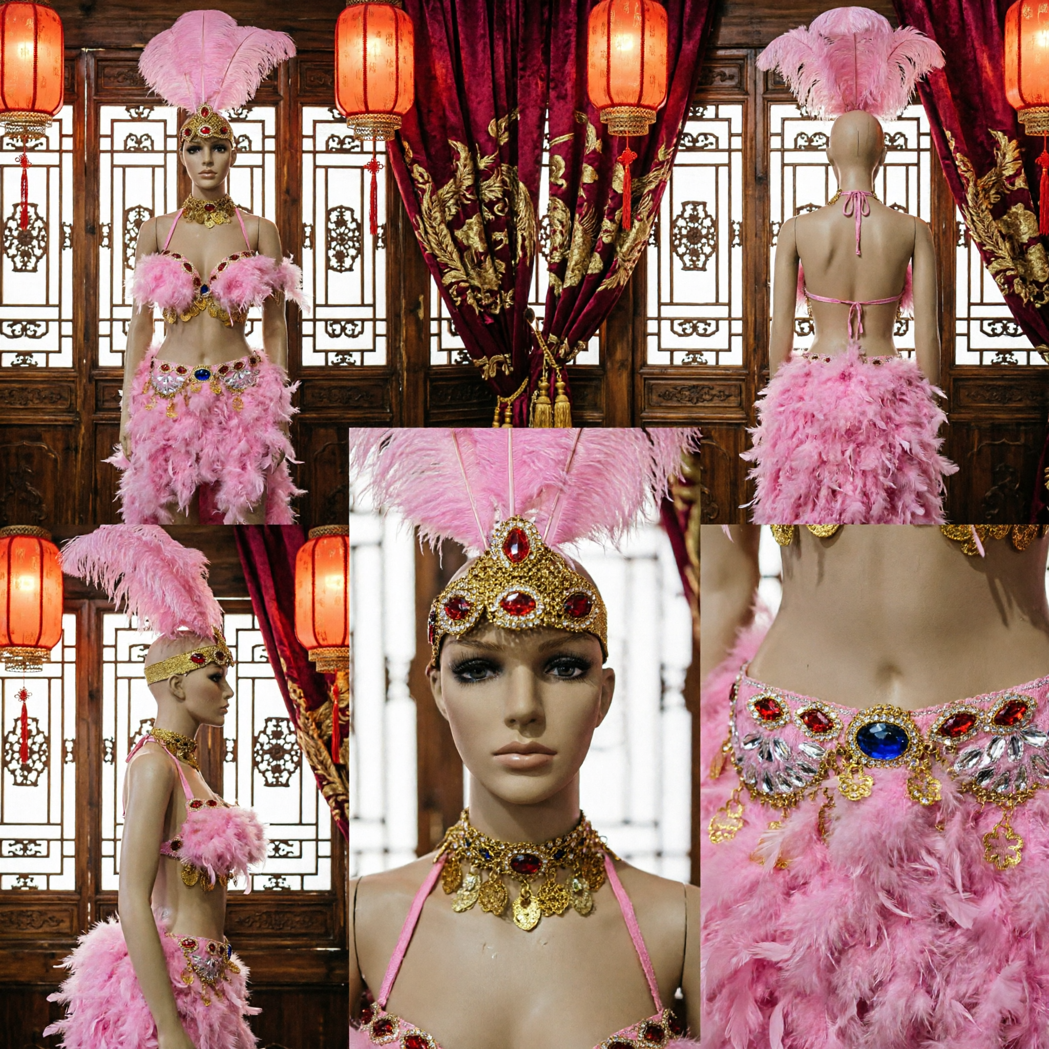 Pink Feather Samba Carnival Dance Costume Showgirl Burlesque Outfit with Headdress Necklace and Skirt Set
