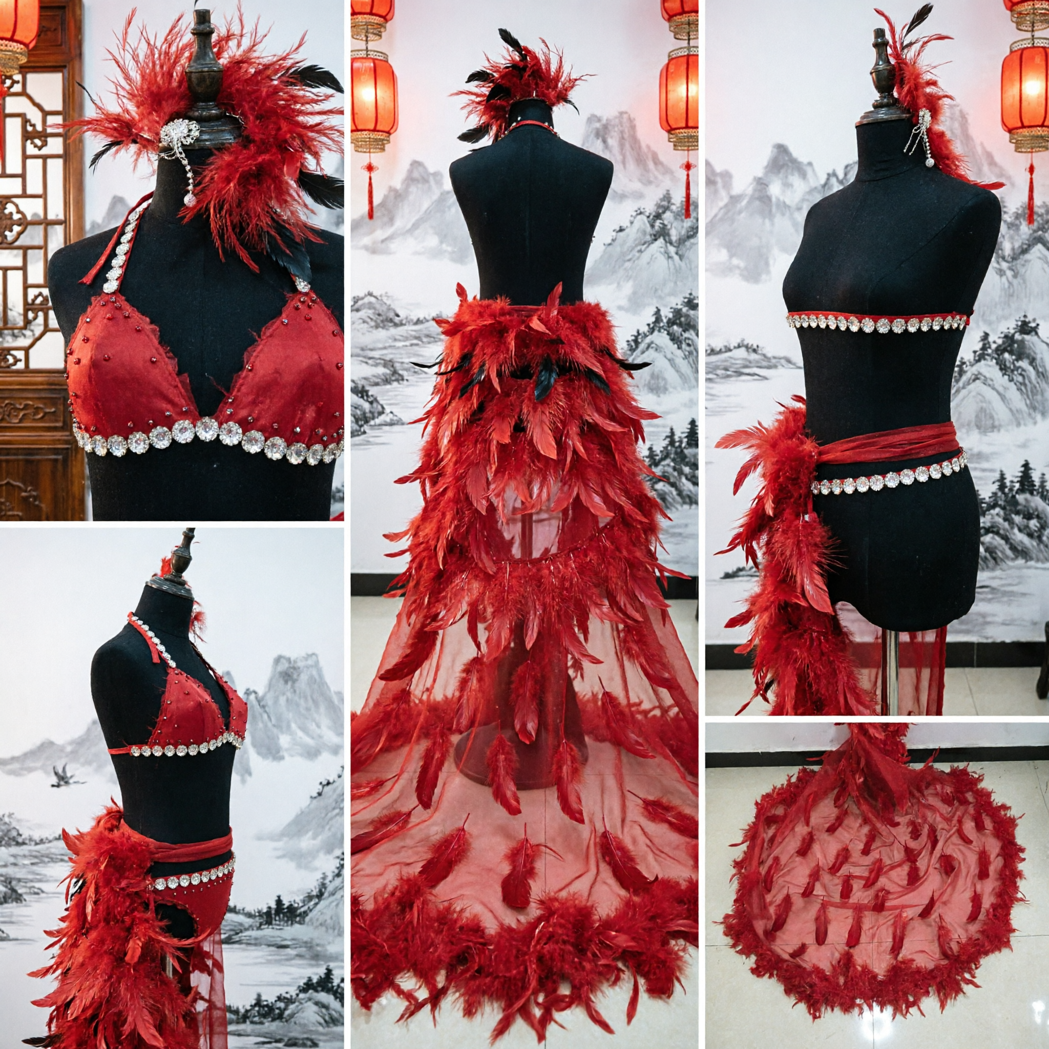 Women's Red Samba Carnival Showgirl Costume Set with Feather Headdress and Long Train for Stage Performance