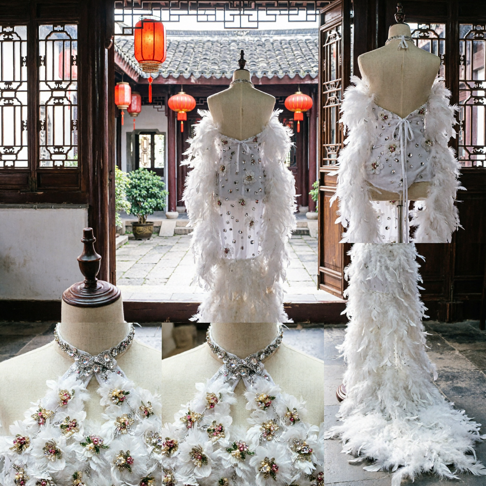 Professional White Feather Latin Dance Costume Sparkly Rhinestone Floral Halter Dress for Samba Cabaret Stage Performance