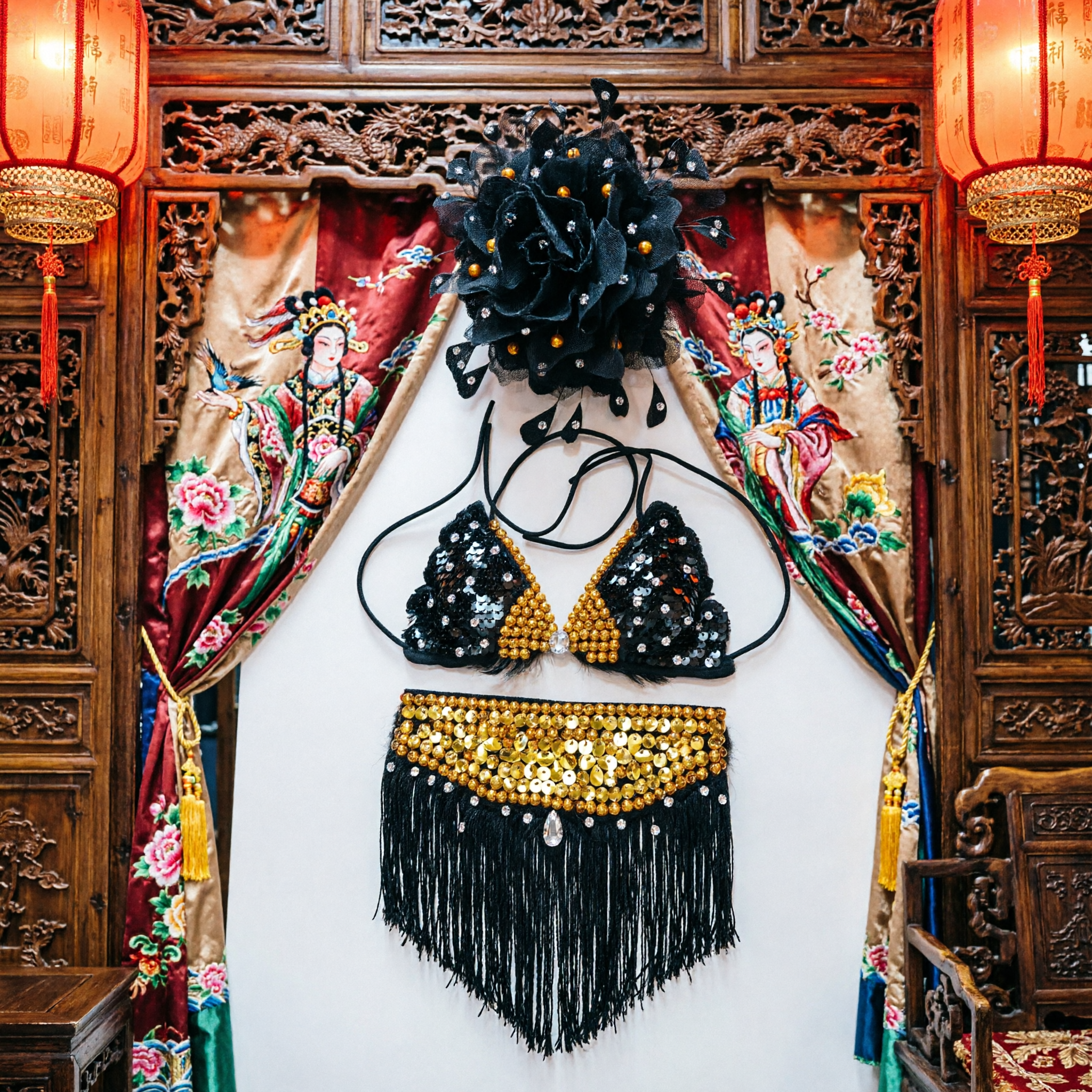 Black Feather Rhinestone Headpiece and Chest Piece Set for Women's Burlesque Cabaret Stage Performance Costume