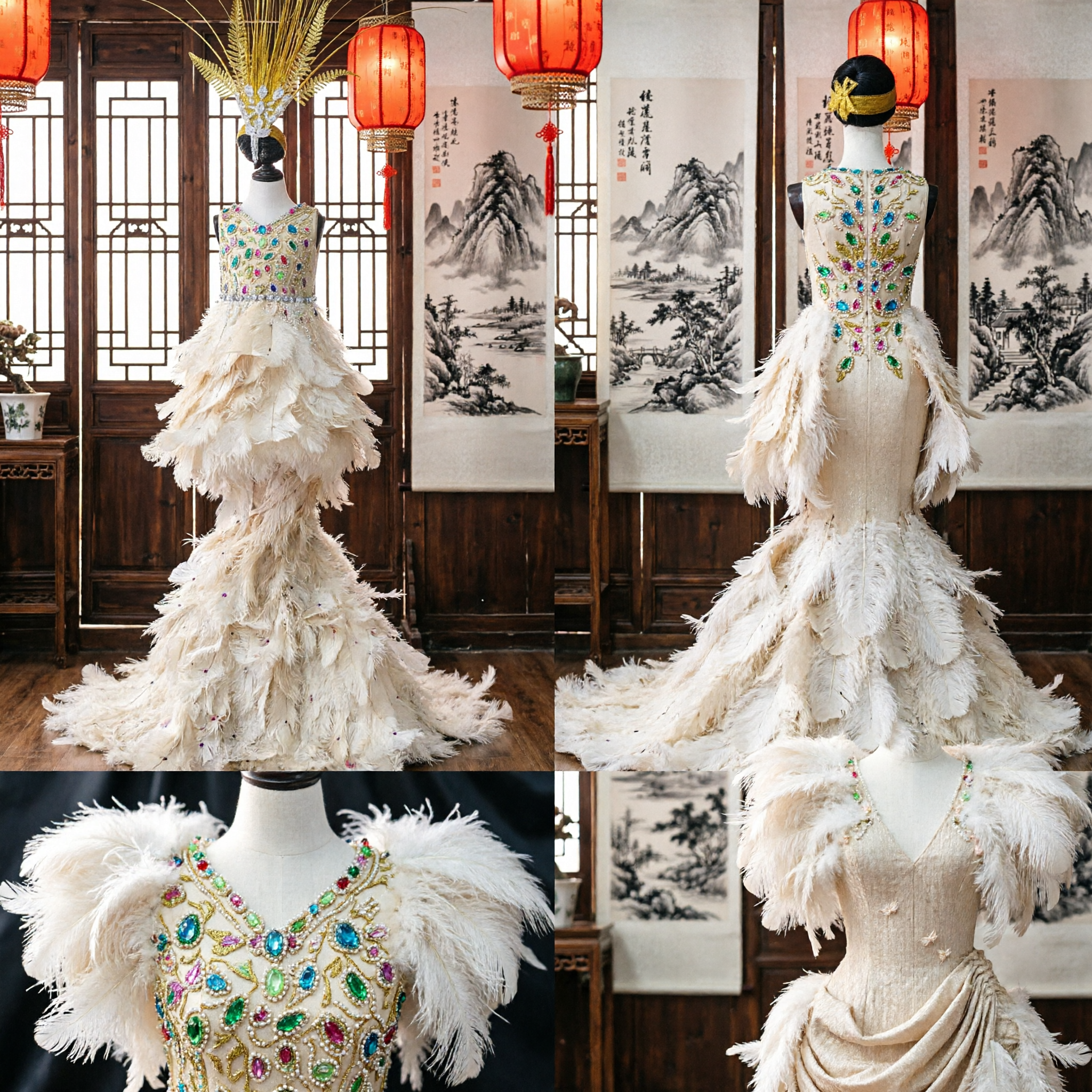 Women's Luxury White Feather Mermaid Carnival Costume with Golden Headdress for Samba Dancer Stage Performance Showgirl Outfit