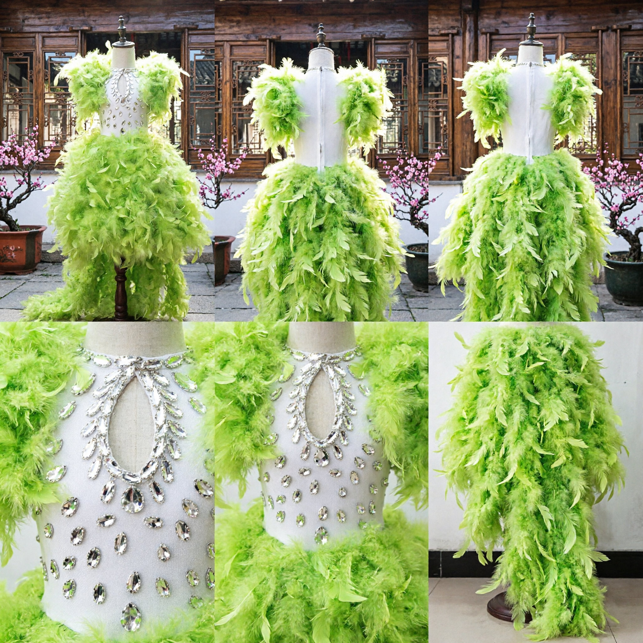 Professional Lime Green Feather Latin Dance Dress for Women Salsa Ballroom Competition Performance Costume with Rhinestones