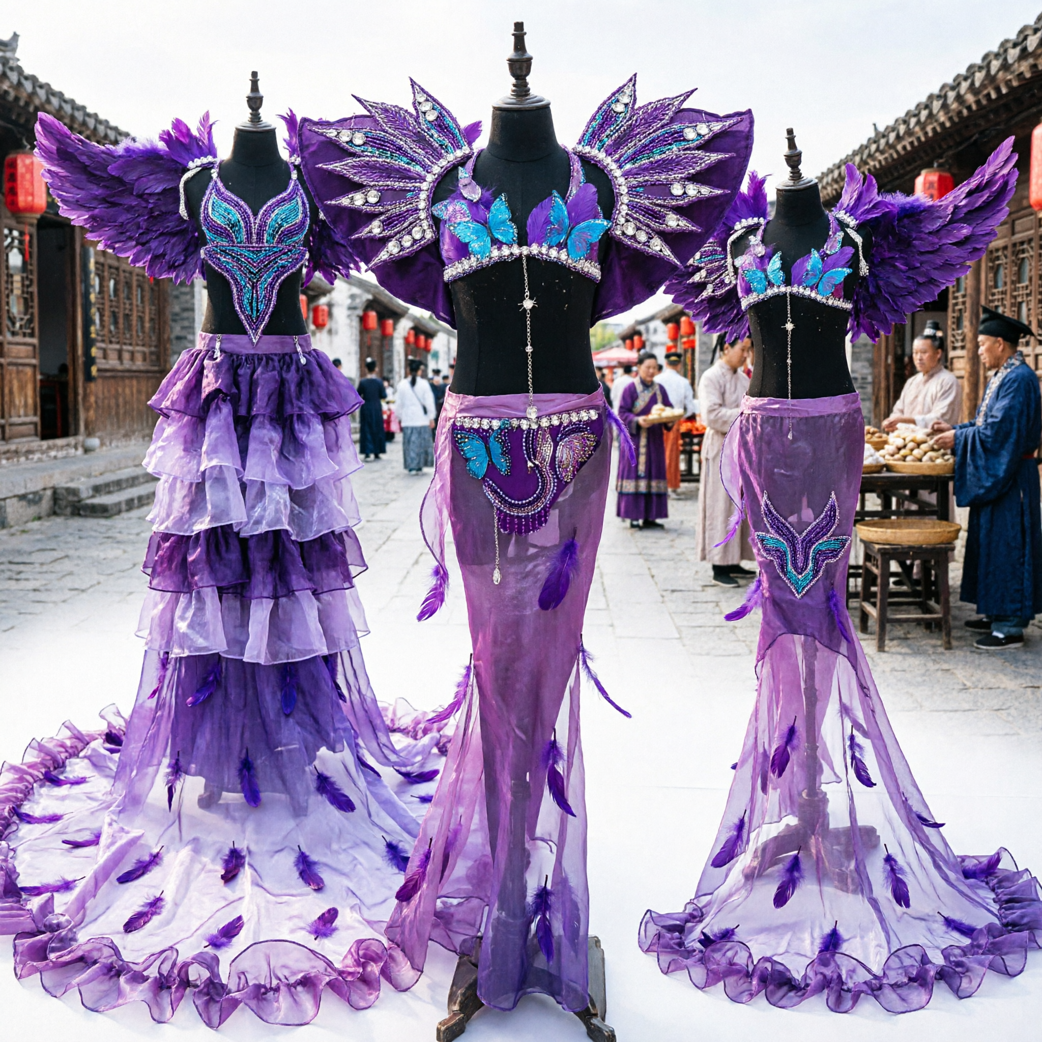 Women's Purple Rio Carnival Samba Dance Costume with Large Feather Wings and Long Ruffled Mermaid Skirt