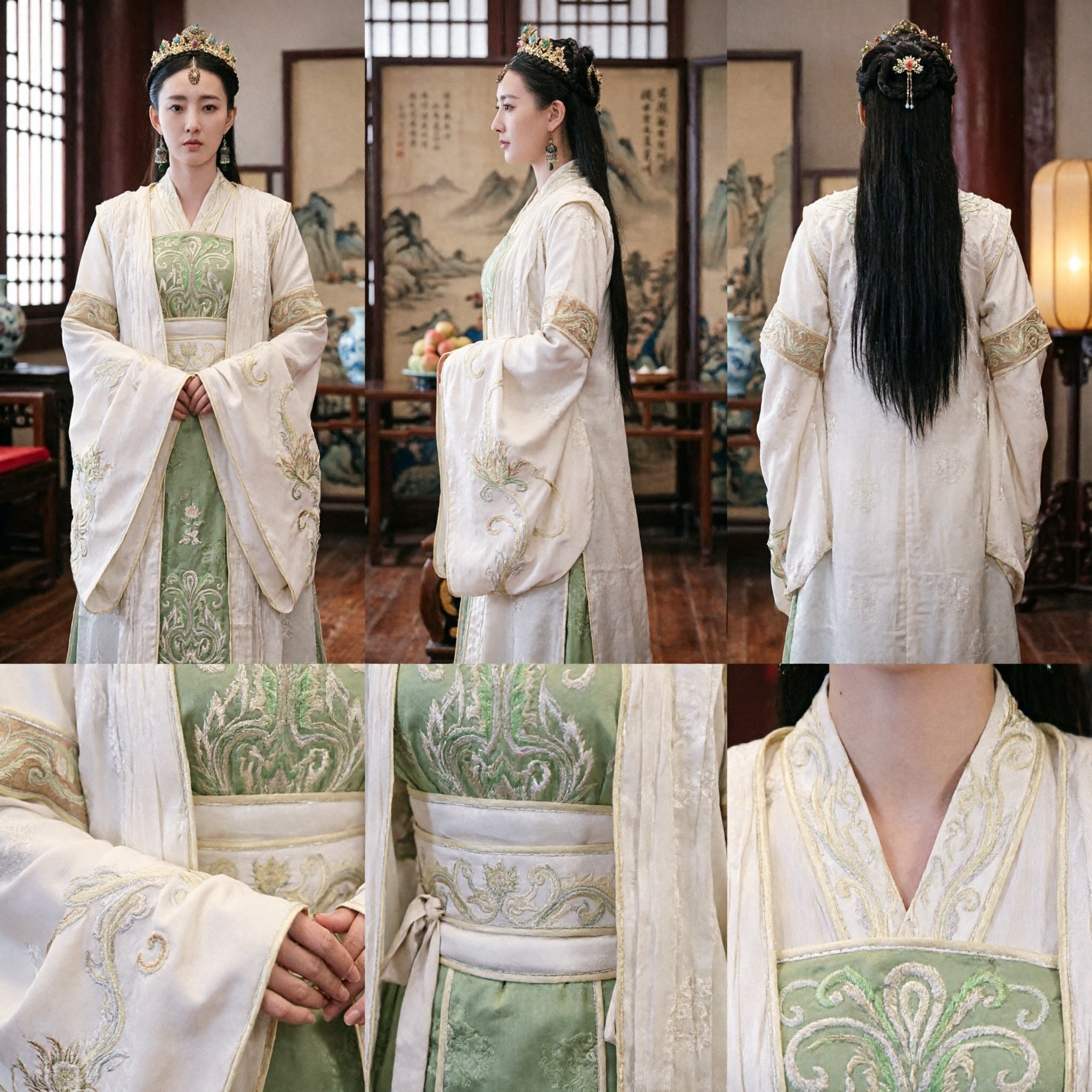 Elegant Traditional Chinese Hanfu Ancient Noble Lady Costume White and Green Embroidered Dress for Women Cosplay
