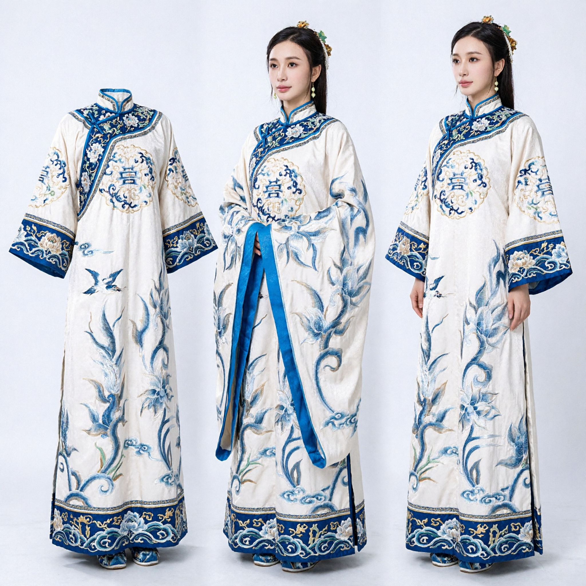 Traditional Chinese Hanfu Costume Ancient Palace Lady Blue and White Floral Wide Sleeve Robe for Women