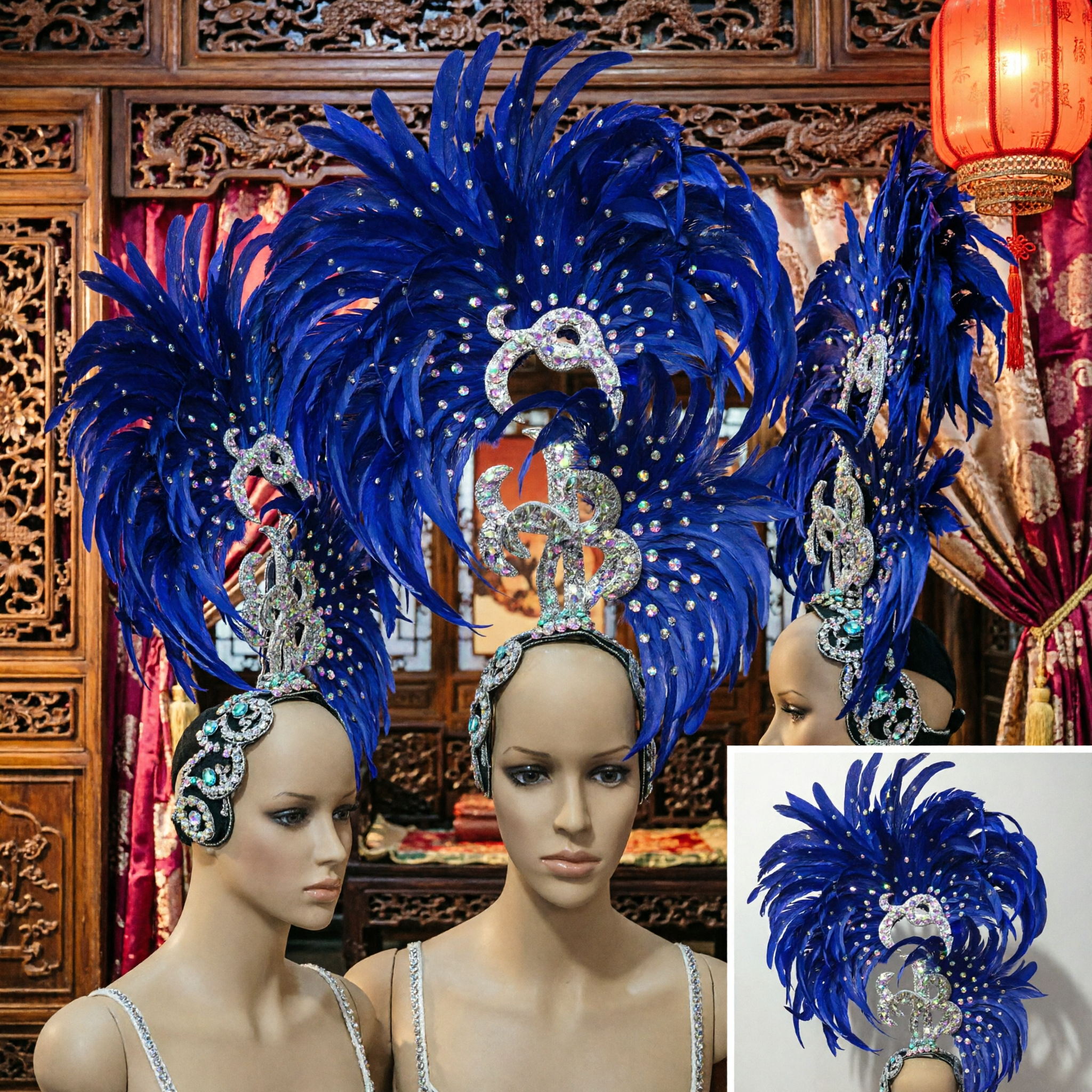 Royal Blue Feather Headdress for Women Carnival Samba Showgirl Costume Stage Performance Parade Headpiece