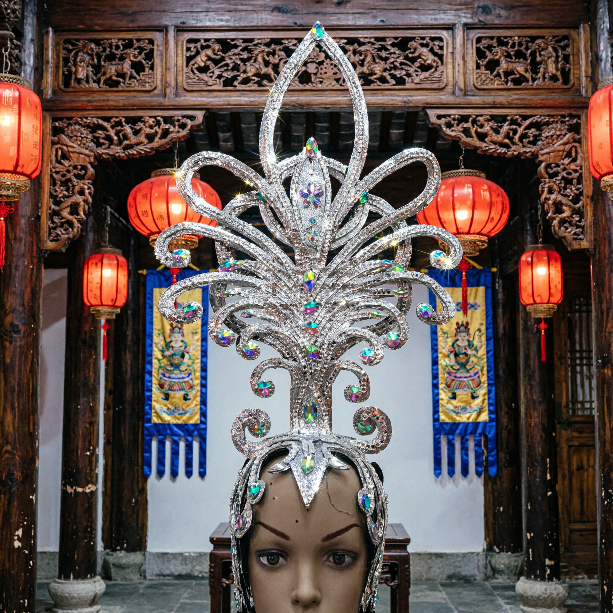 Elaborate Silver Rhinestone Chinese Opera Headpiece Crown for Women Stage Performance and Cosplay