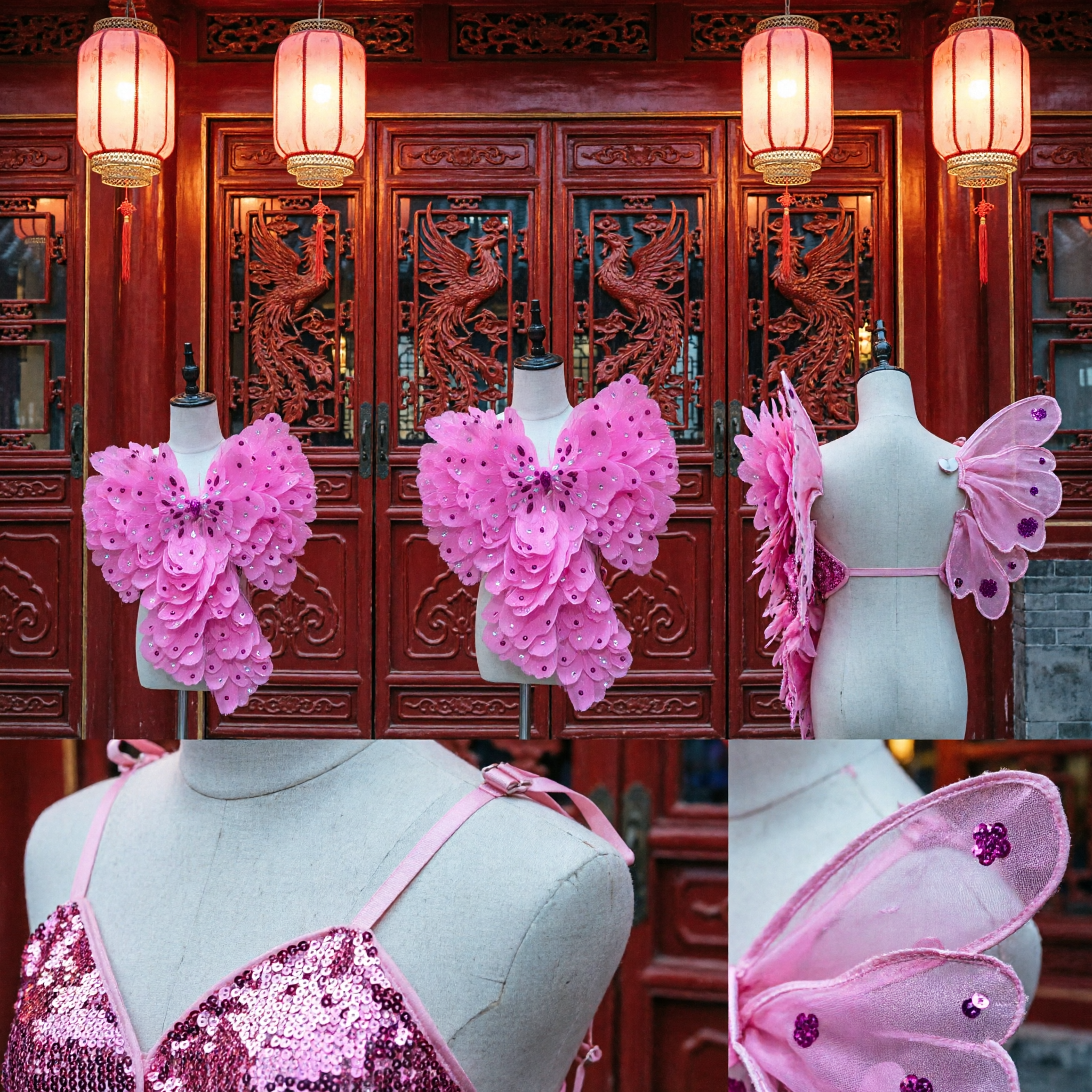Vibrant Pink Sequin Butterfly Wings Back Accessory for Stage Dance Performance and Carnival Fairy Costumes