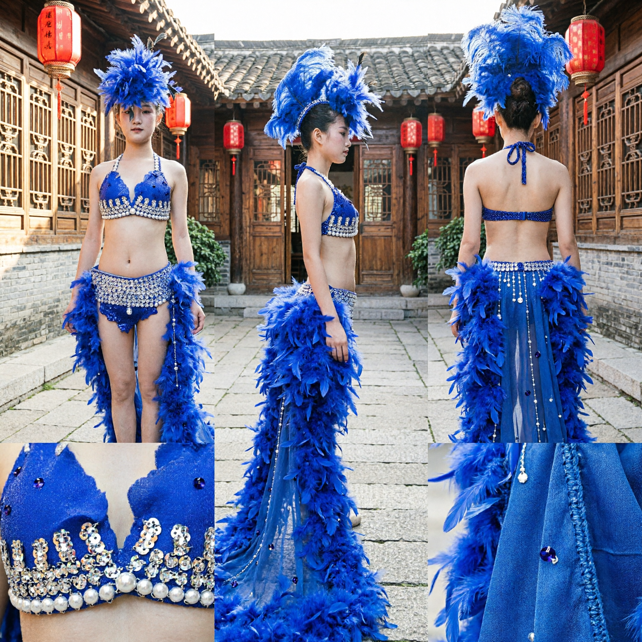 Royal Blue Samba Carnival Costume with Feather Headdress and Rhinestone Bikini Set for Women Stage Performance