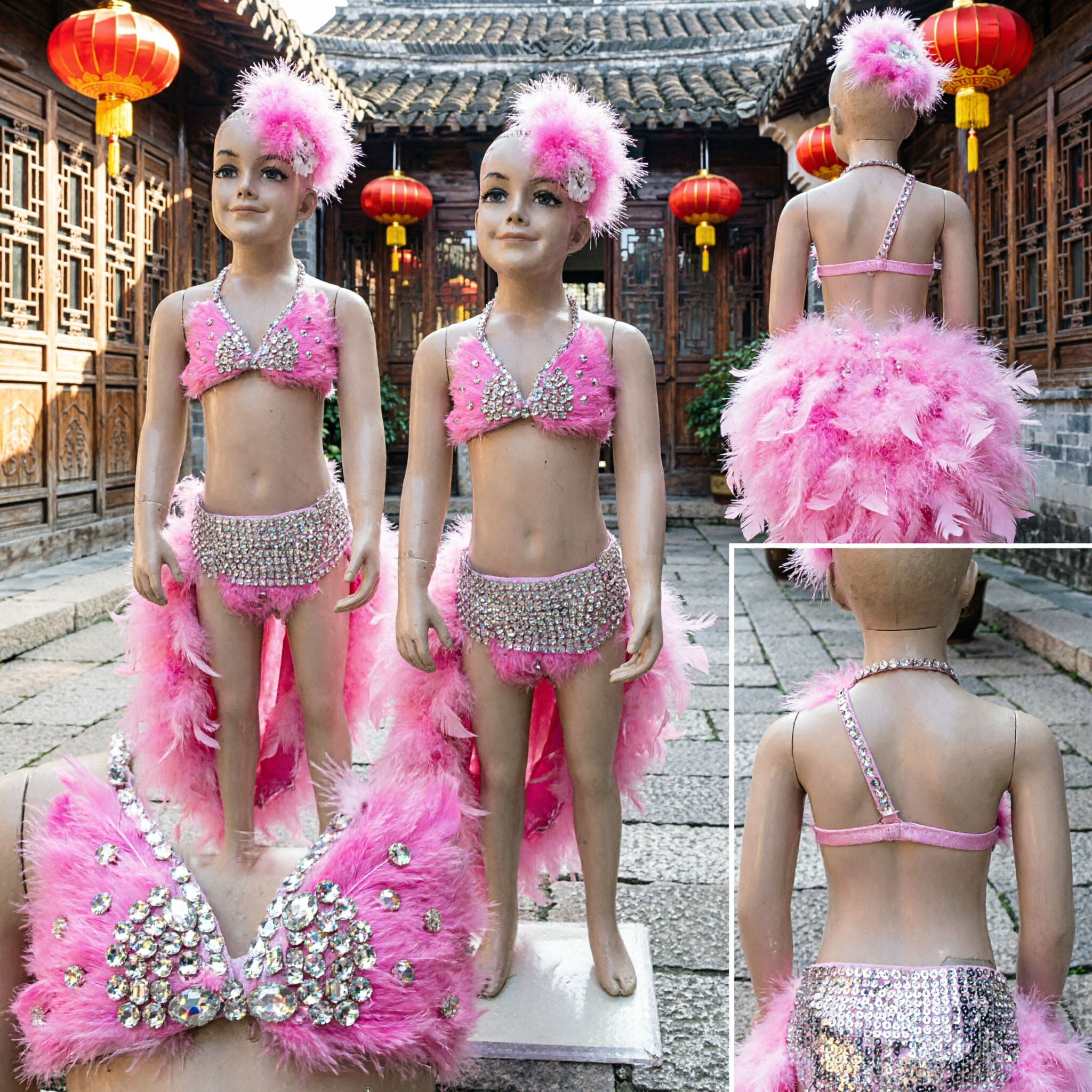 Kids Girls Pink Feather Latin Dance Costume Samba Carnival Performance Bikini Set with Rhinestone Top and Tutu