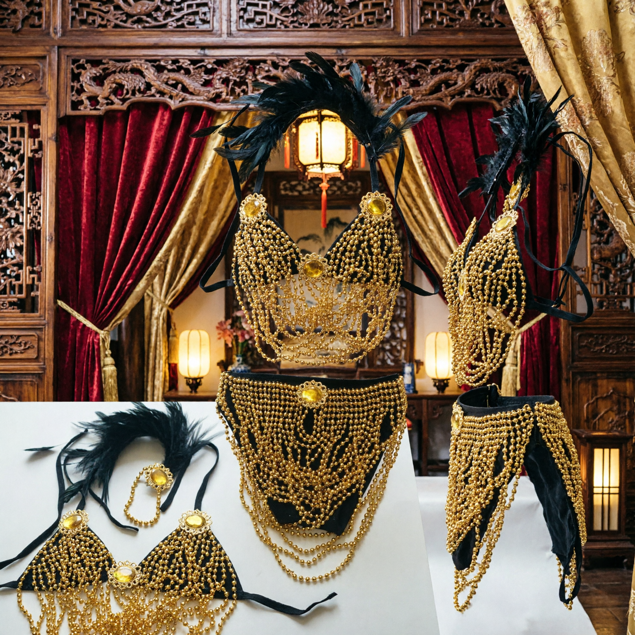 Women's Gold Beaded Belly Dance Costume Set with Black Fringe and Feather Headpiece for Samba Carnival Performance