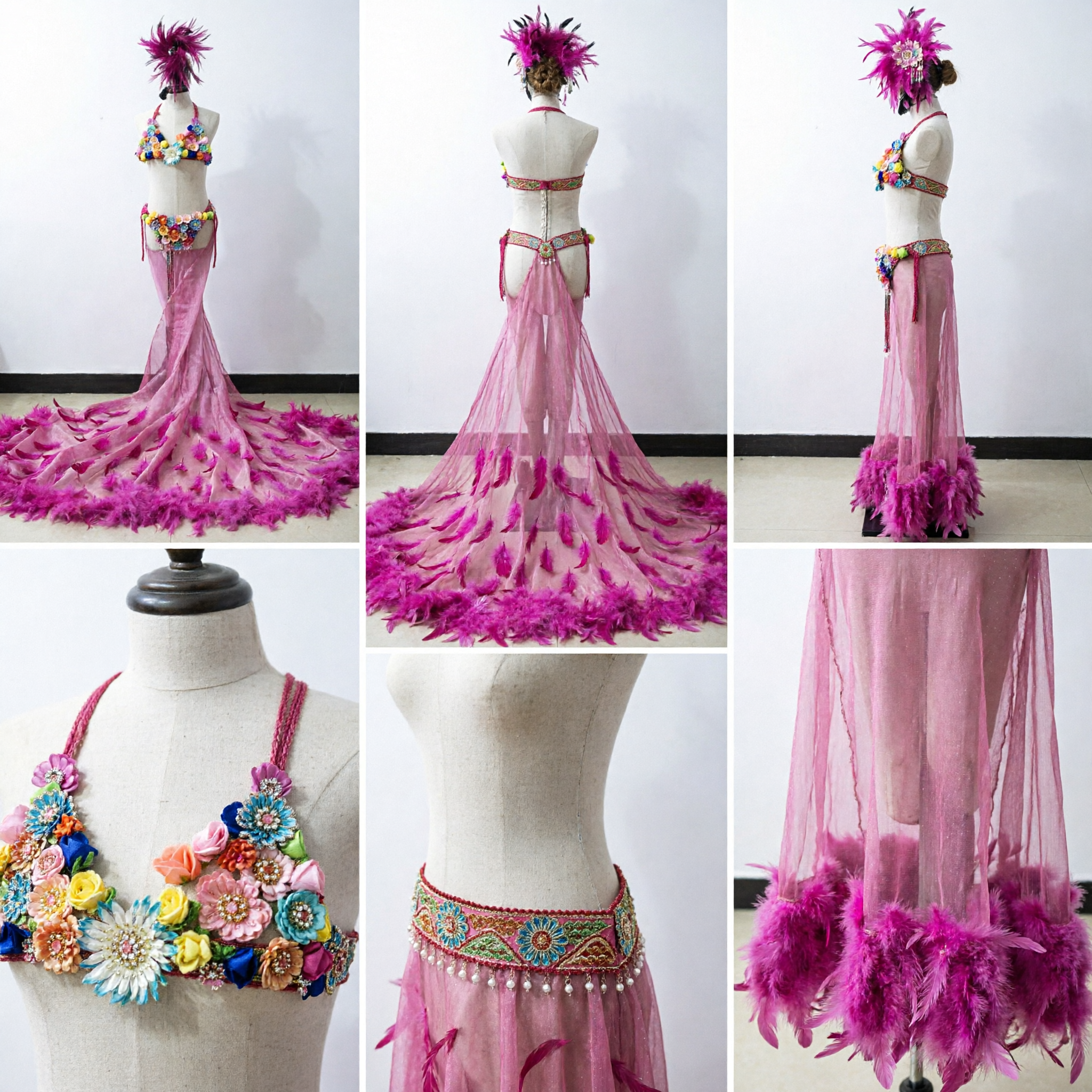 Vibrant Purple Feather Carnival Costume for Women, Samba Dance Showgirl Outfit with Floral Top and Mermaid Skirt