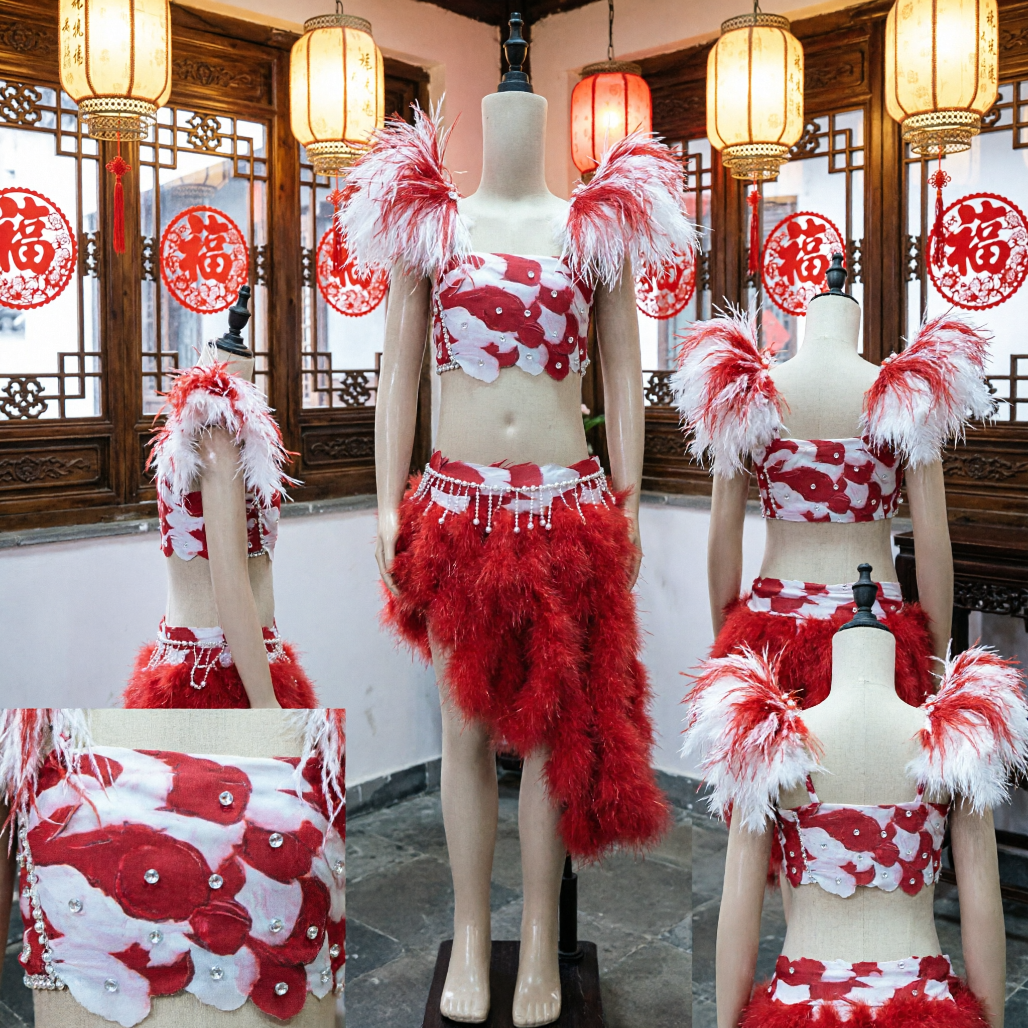 Red and White Feather Carnival Costume with Shoulder Pads Tribal Dance Outfit for Stage Performance