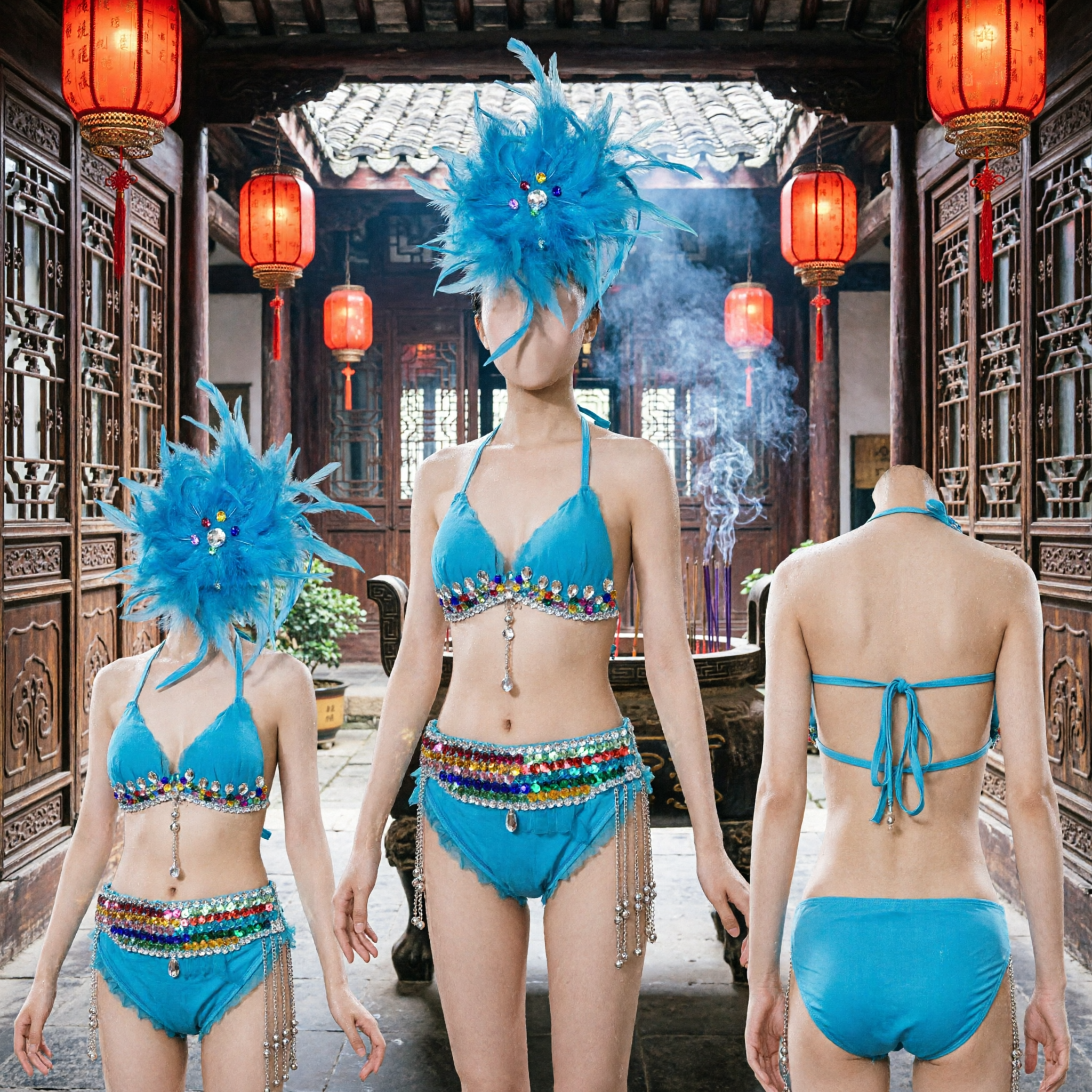 Women's Blue Feather Samba Carnival Dancer Costume Set with Rhinestone Bikini and Headpiece for Stage Performance
