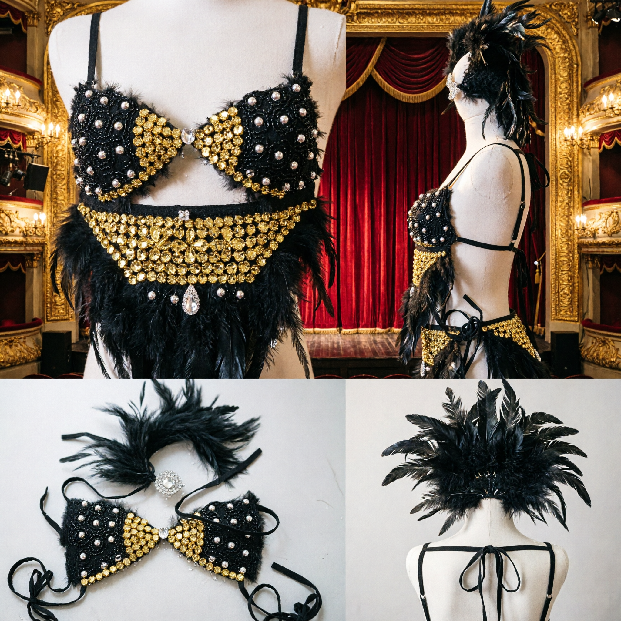 Women's Black Gold Sequin Samba Carnival Bikini Set with Feathers for Showgirl Burlesque Dance Performance Costume